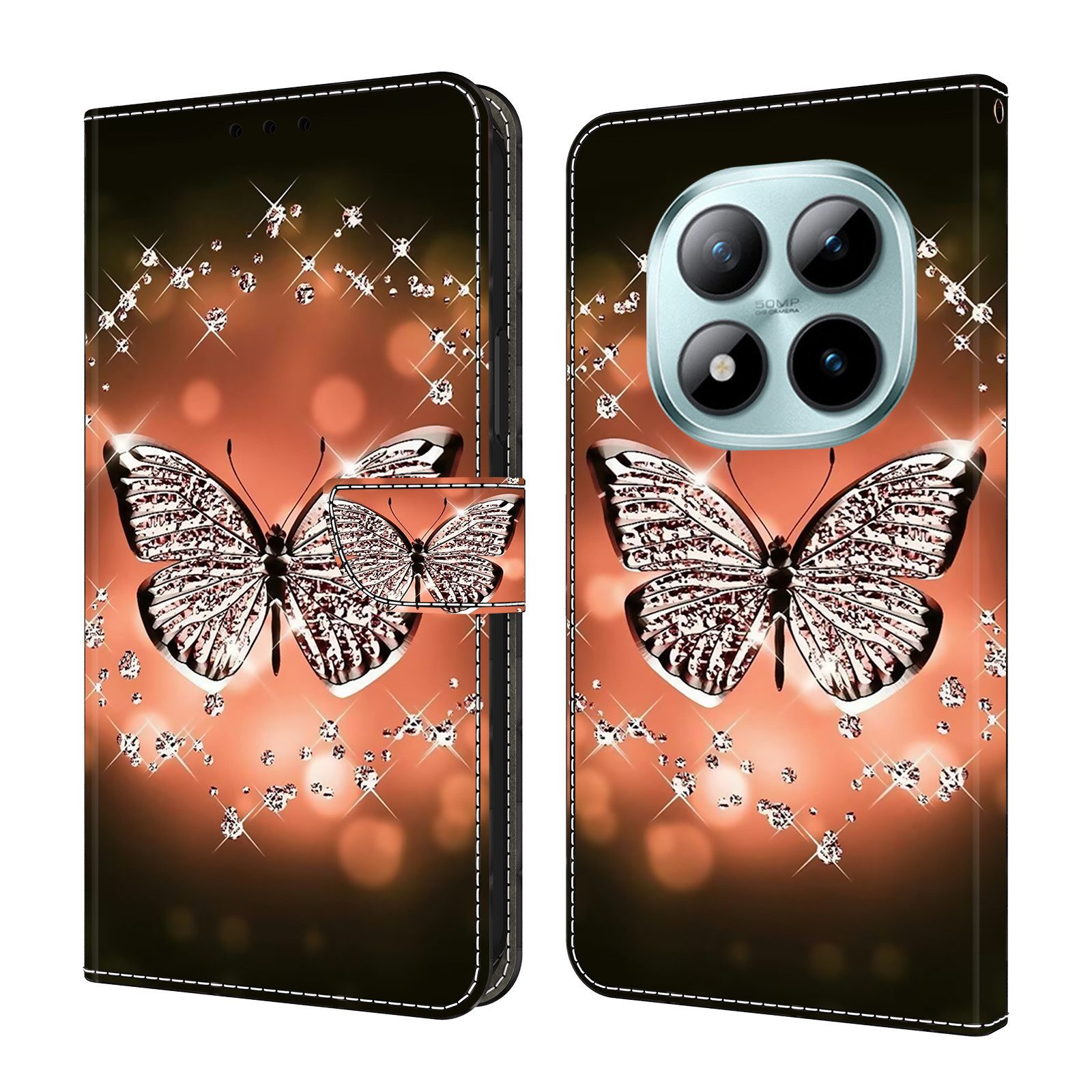 CLM-Tech Handytasche für Xiaomi Redmi Note 15 Pro 5G 6,83 Zoll Klapphülle aus PU Leder (Schmetterling Diamanten Muster, 1-tlg., Flip Case), Magnetverschluss, Standfunktion und Kartenfächer