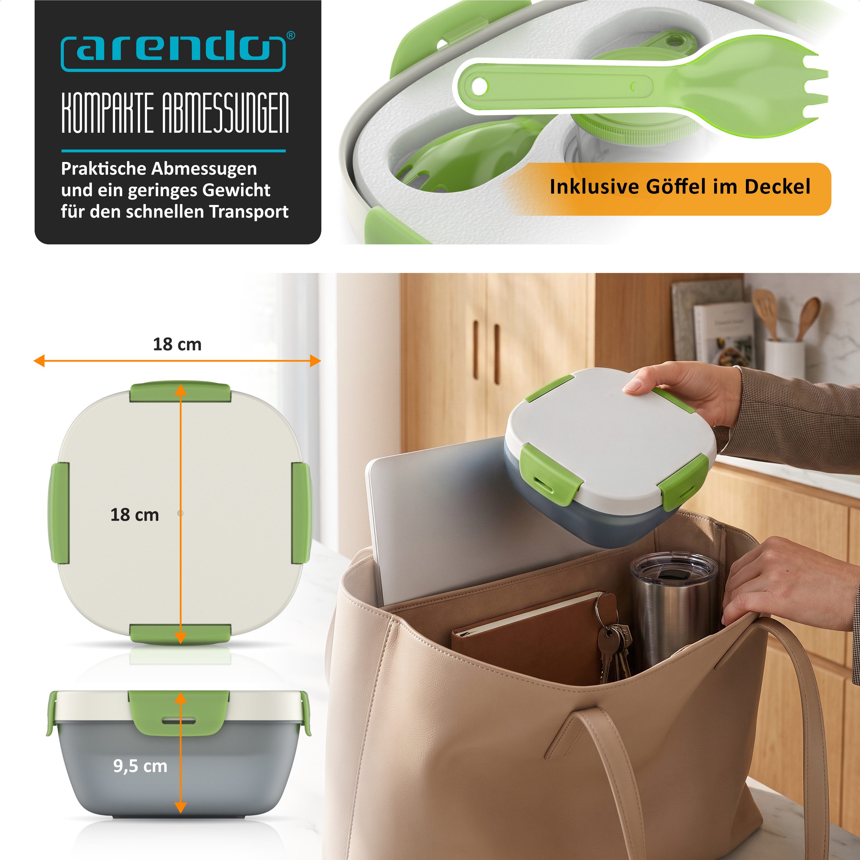 Arendo Lunchbox Meal Prep Box 1,2 l mit Kühlakku, Trenntablett & Spork, Brotdose rund, Kunststoff, (1-tlg., 2 Trennstege, 2 Silikondichtungen), Klickverschluss, Saucendose, gefrier- & mikrowellengeeignet