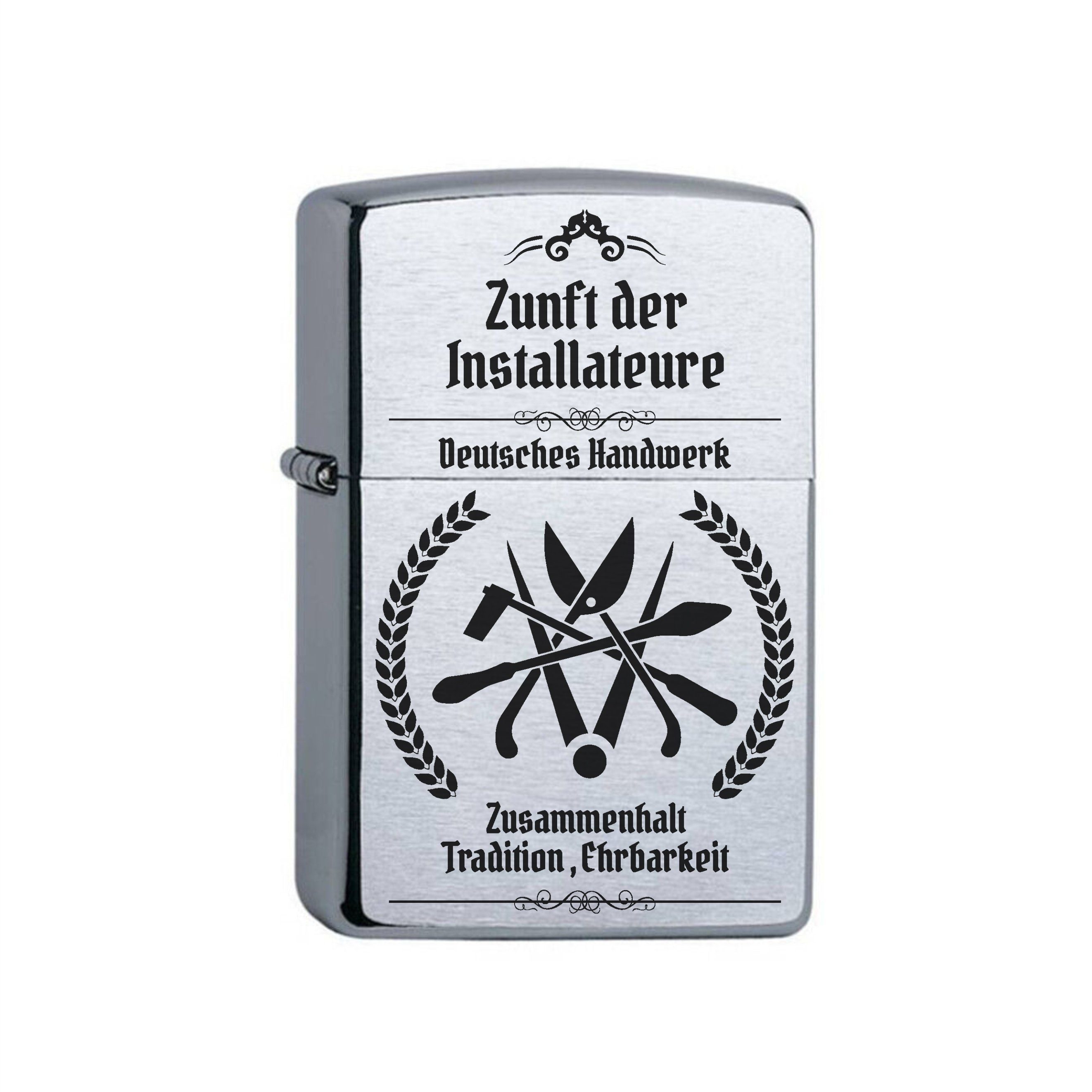 Lasernauten Feuerzeuge Zippo Feuerzeug mit Gravur Installateur Zunftzeichen Chrome Brushed, Benzinfeuerzeug