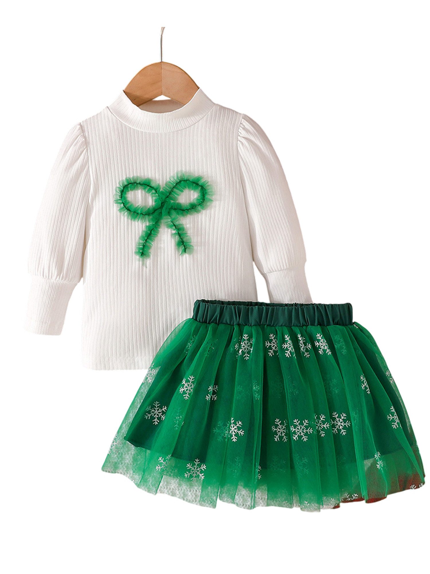 Shirt & Rock Weihnachtsparty-Outfit für Mädchen, Oberteil mit Puffärmeln & Netzrock