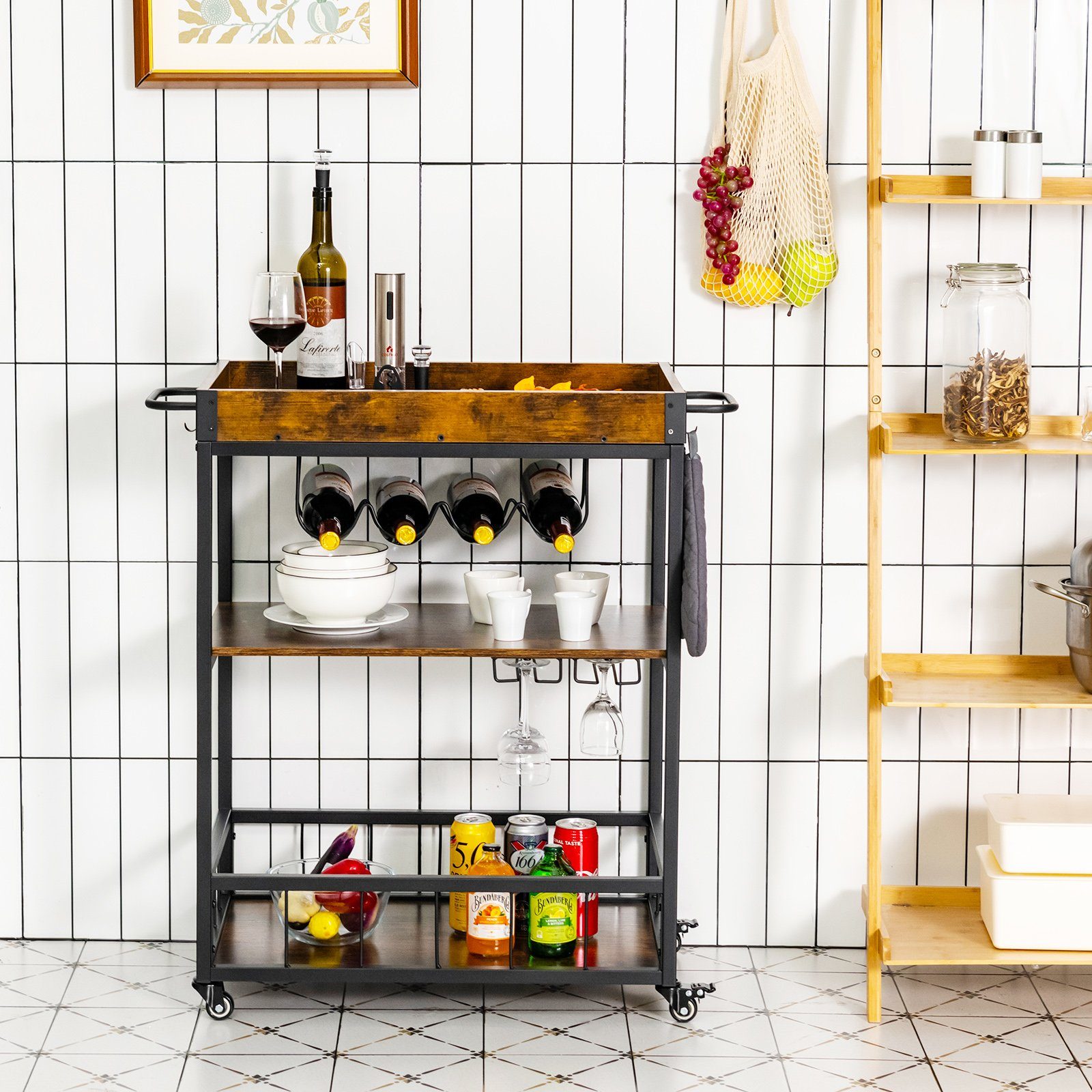 Küchenwagen, mit Weinregal Tablett, Glashalter abnehmbarem & COSTWAY