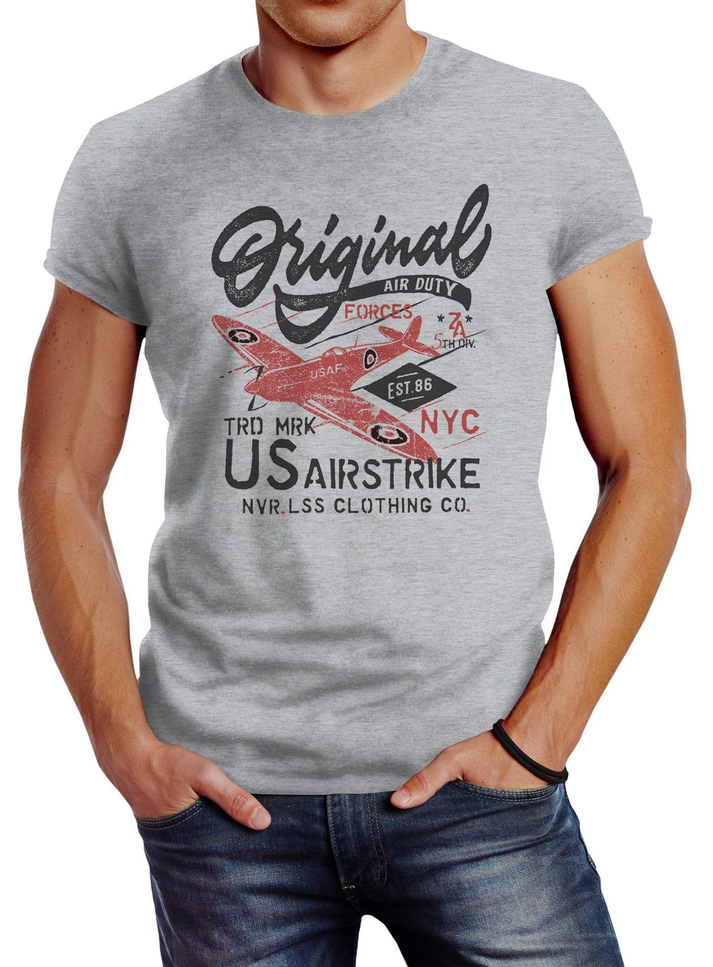 Motiv Fashion Flugzeug US grau Print-Shirt Army Spitfire Retro Print Streetstyle Airforce T-Shirt Neverless® Schriftzug Motiv mit Vintage Neverless Herren