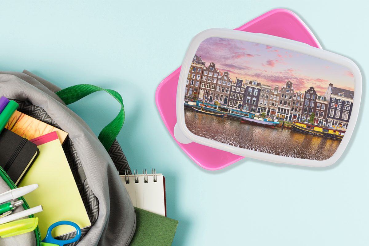 MuchoWow Lunchbox Amsterdam - Kunststoff, Kinder, Brotdose Kunststoff Snackbox, Mädchen, - Erwachsene, für Grachten, Häuser (2-tlg), rosa Brotbox