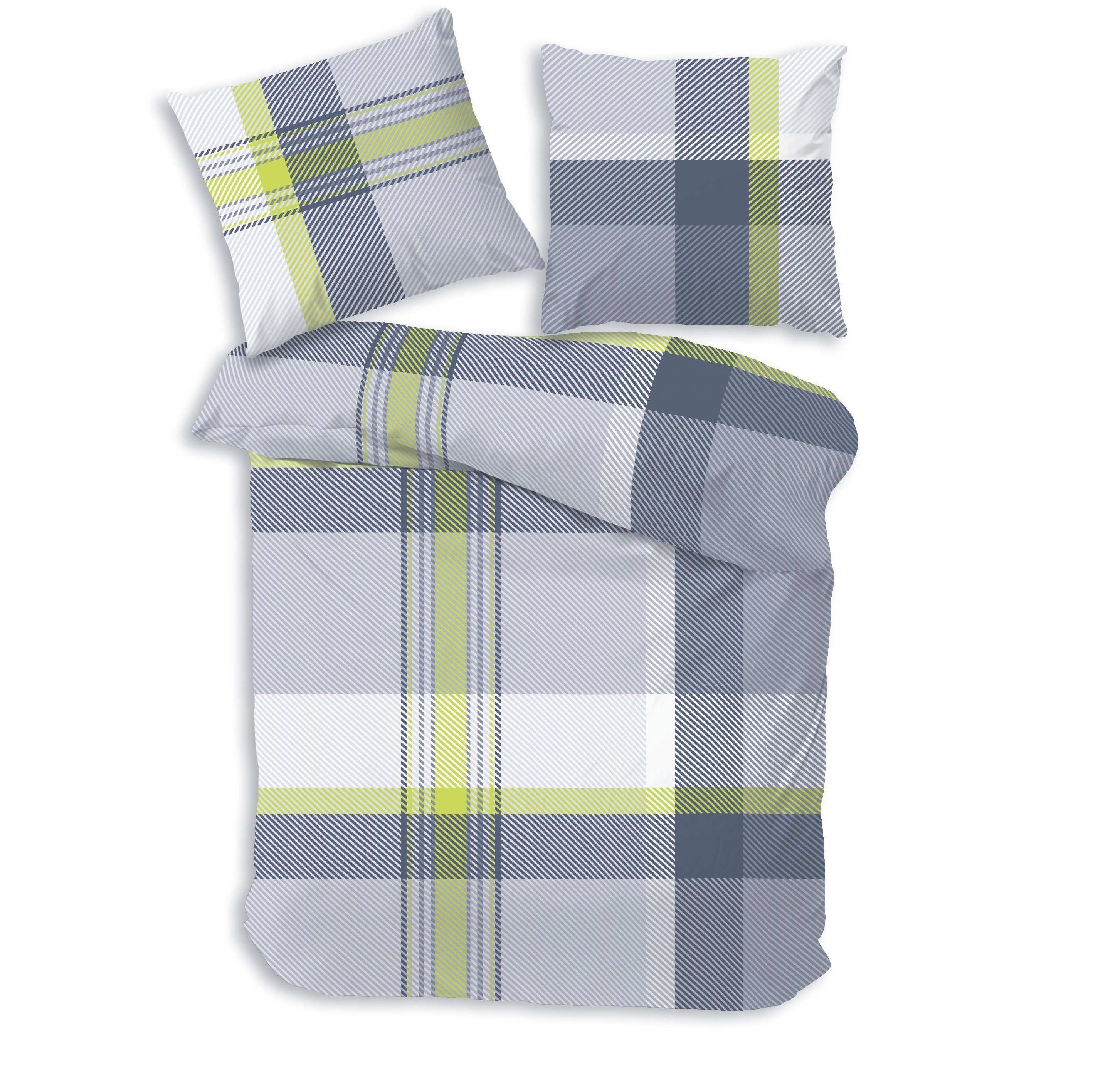 Träumschön Bettwäsche Premium Biber 135x200 oder 155x220 cm, grau grün kari günstig online kaufen