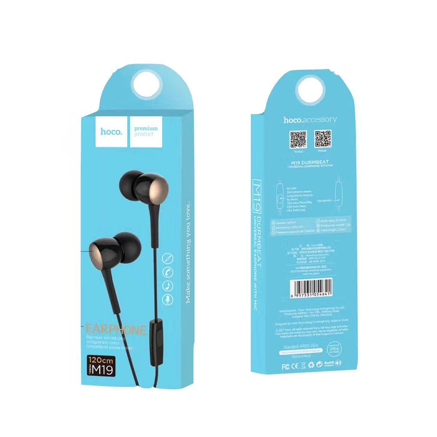HOCO M19 Drumbeat 3,5mm Klinke 3.5 Ear Mikrofon Schwarz (Köpfhörer In Smartphone-Headset mit Klinke Beat) mm Headset