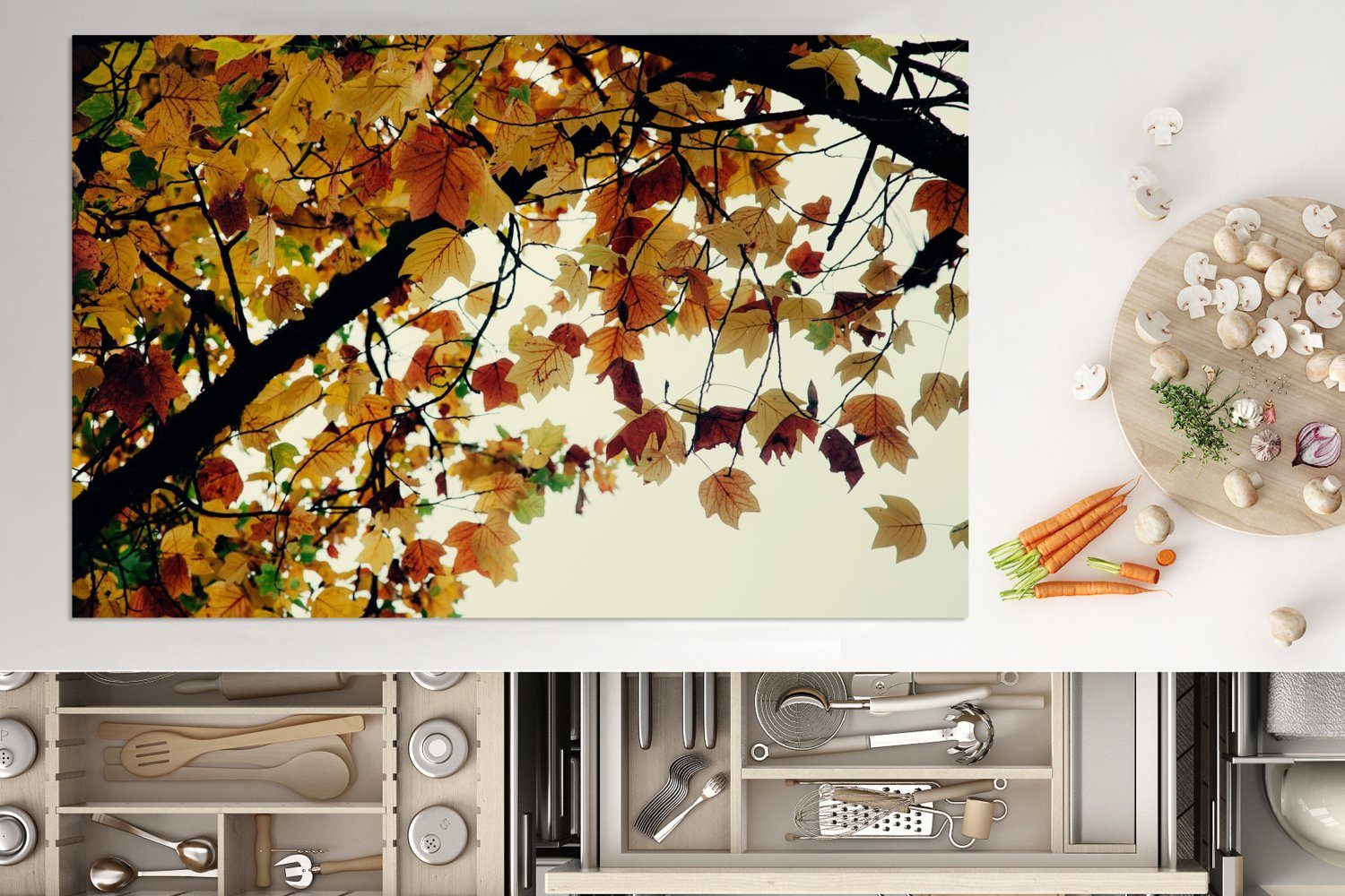 - die cm, Vinyl, (1 - Bäume küche, 80x52 Natur, für tlg), Schutz Herdblende-/Abdeckplatte Ceranfeldabdeckung Herbstblätter Induktionskochfeld MuchoWow