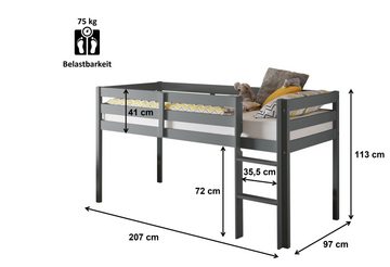 Kindermöbel 24 Hochbett Aron 90*200 cm Kiefer massiv grau