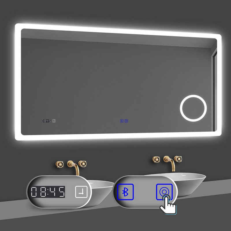 duschspa Badspiegel Kalt/Neutral/Warmweiß Spiegel mit LED Beleuchtung Dimmbar Beschlagfrei, Touch/Wandschalter, Bluetooth 5.0, Schminkspiegel, Uhr