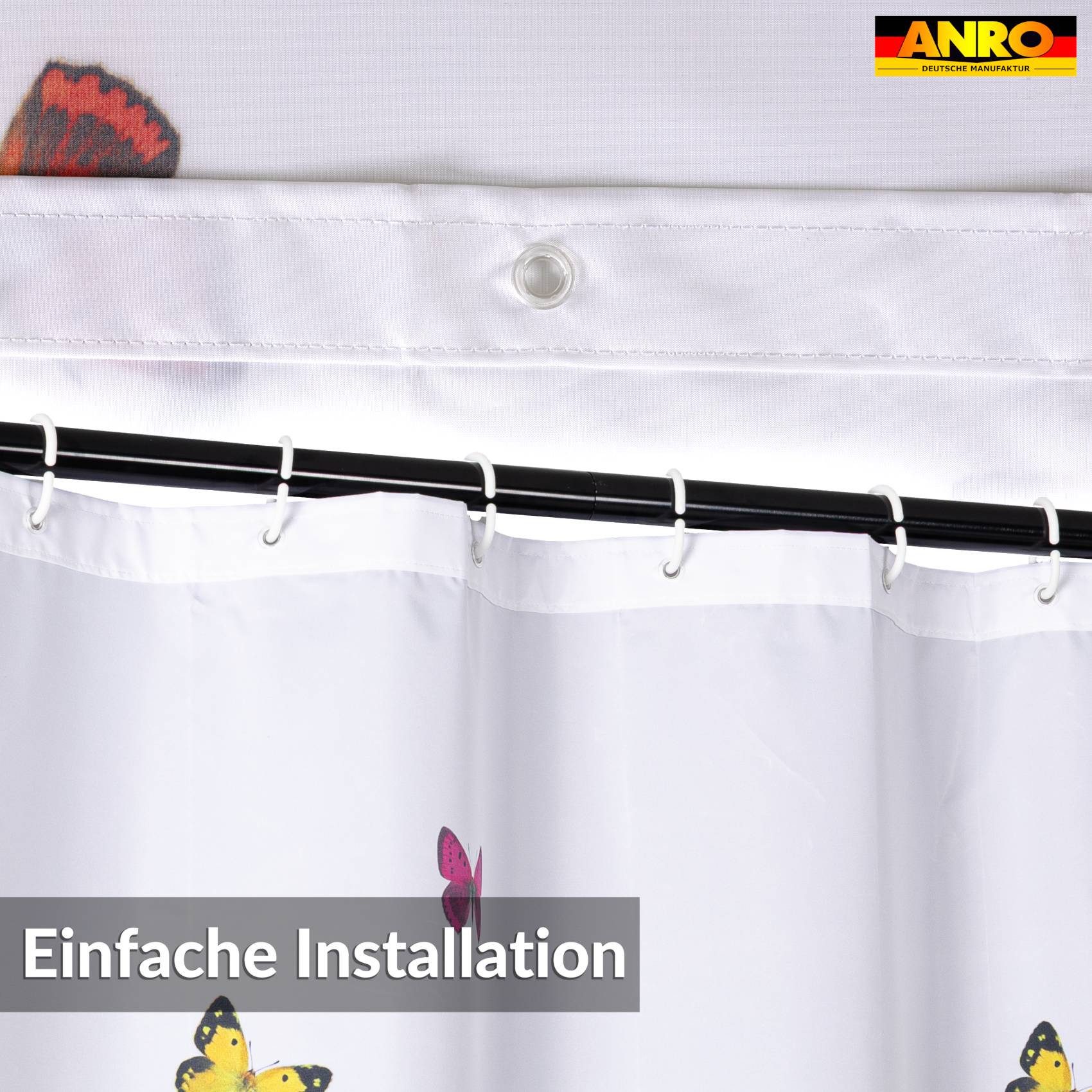 ANRO Duschvorhang FASTY Schmetterlinge Anti-Schimmel Polyester Badewanne Vorhang Breite 120 cm (Packung, 1-tlg., Duschvorhang inkl. Aufhängeringe), robuster Vorhang Stangenaufhängung 120x200cm Frühlingsdesign Bunt