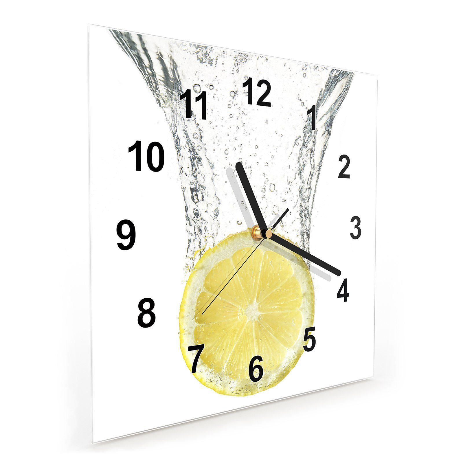 Primedeco Wanduhr Glasuhr Wanduhr 30 cm Größe mit Motiv Zitrone in Wasser fallend x 30 Wandkunst