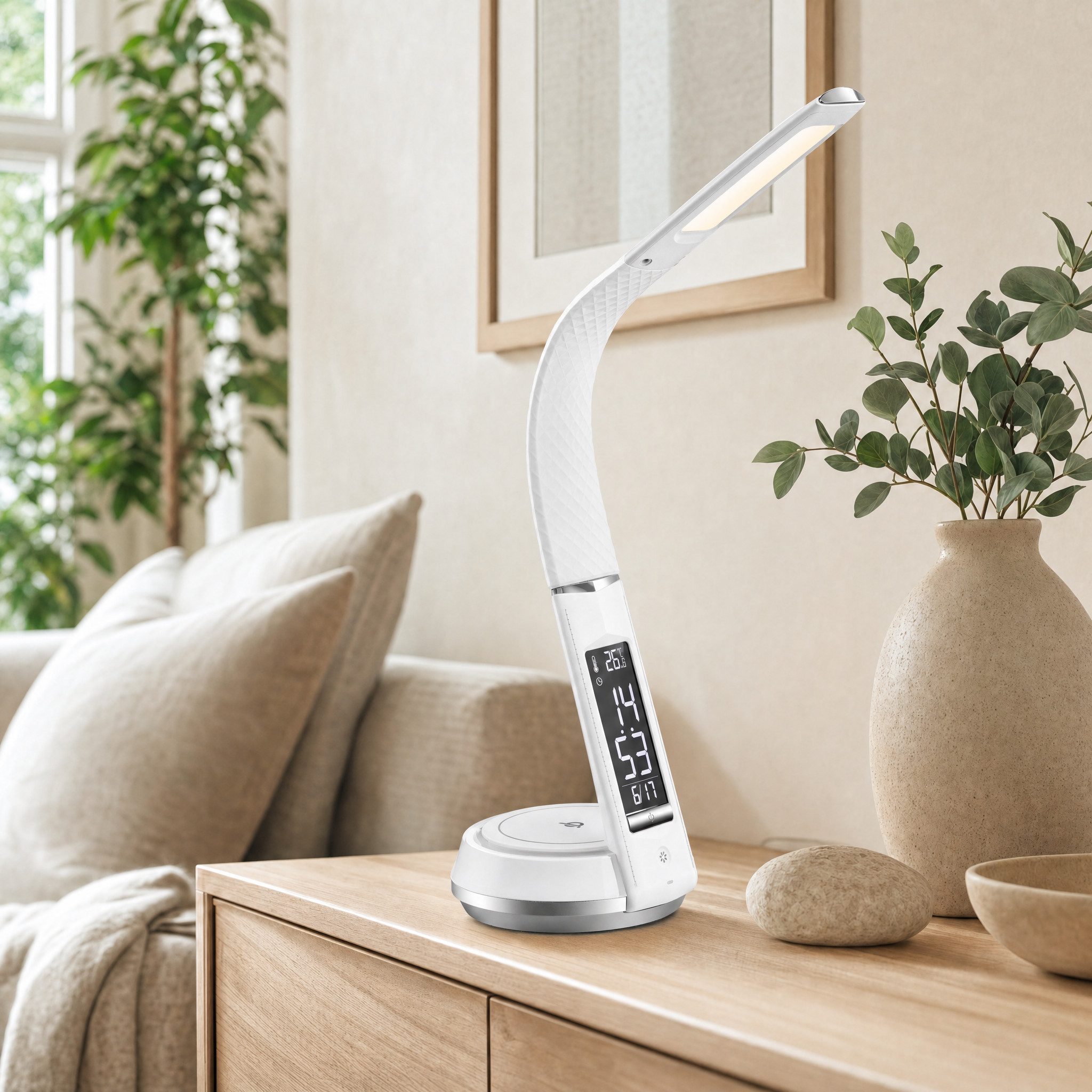 Northpoint LED Schreibtischlampe Tischlampe QI-Ladestation Dimmbar integrierter Uhr & Temperaturanzeige