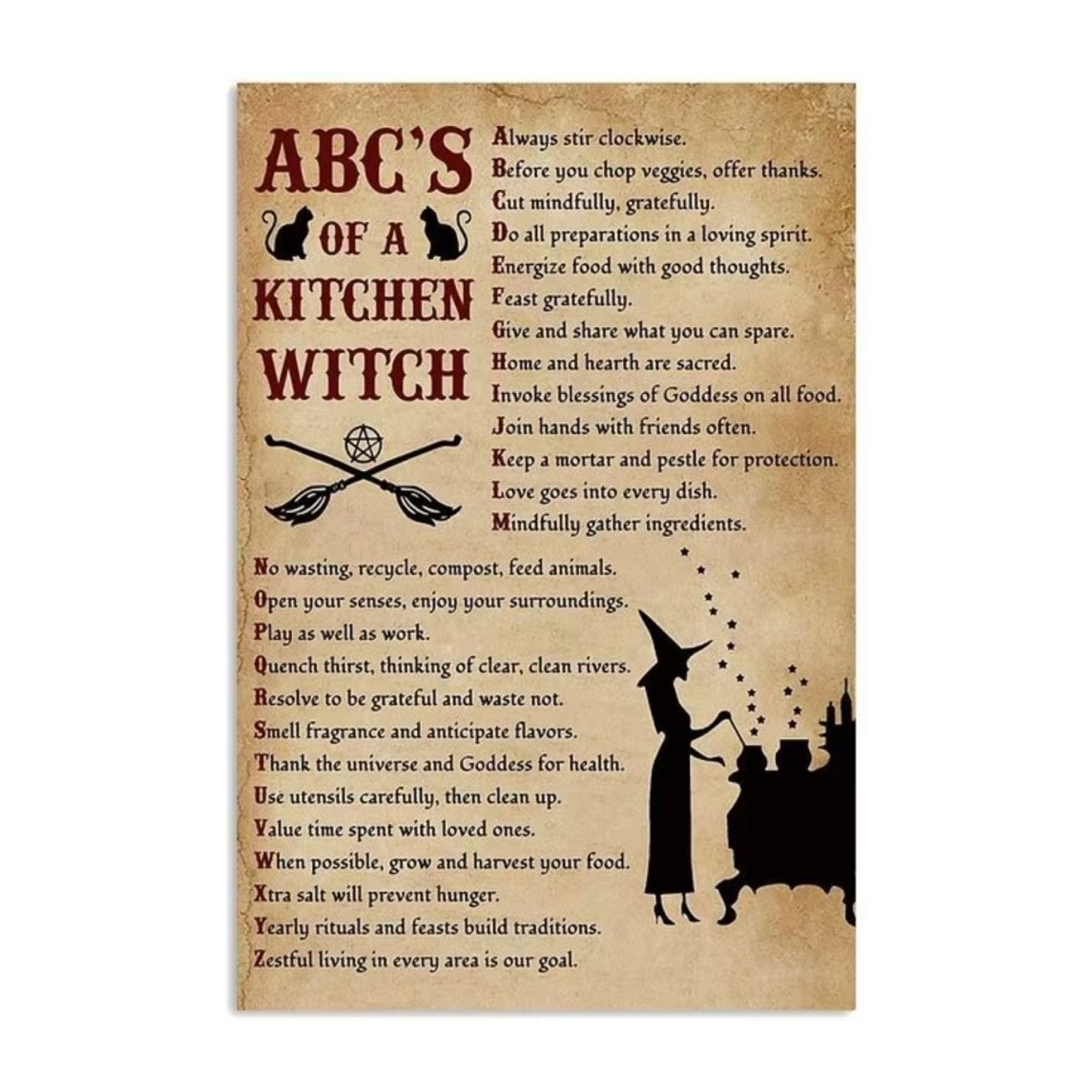 TPFLiving Kunstdruck OHNE RAHMEN, Magische Hexenkunst mit Vintage-Charme - (Leinwandbild XXL), Farben: Farben: Schwarz, Lila, Orange, BeigeGröße: 20x30cm