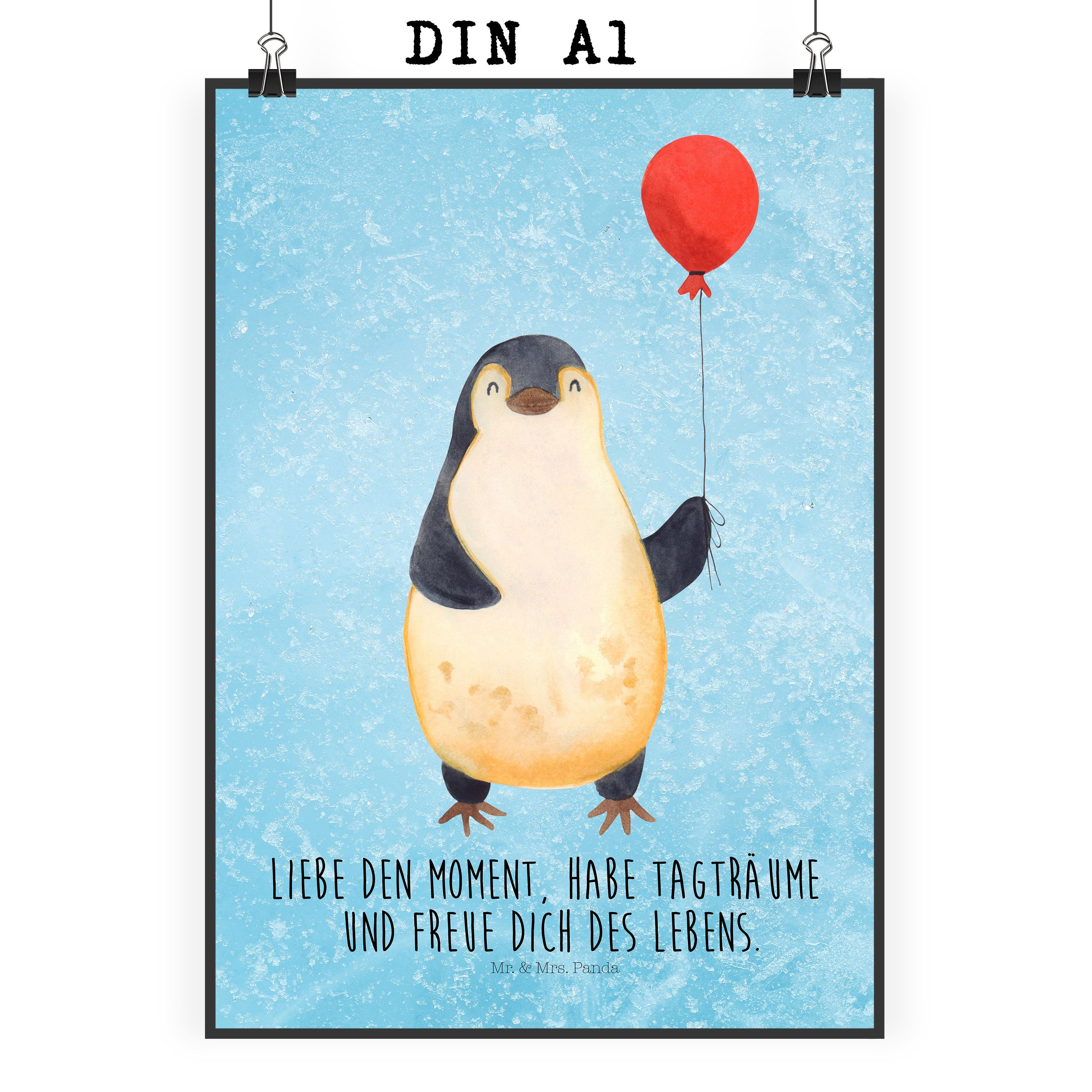 Mr. & Mrs. Panda Poster DIN A1 Pinguin Luftballon - Eisblau - Geschenk, Kunstdruck, Geschenki, Pinguin Luftballon (1 St)
