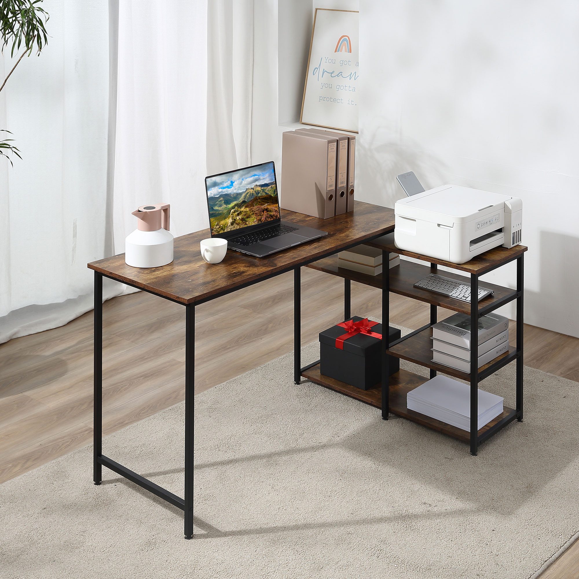 HOMCOM Eckschreibtisch PC-Tisch Computertisch mit Regal und Schublade, L-Form (Bürotisch, 1-St., Winkelschreibtisch), Spanplatte Metall Rustikales Braun 135 x 90 x 79 cm