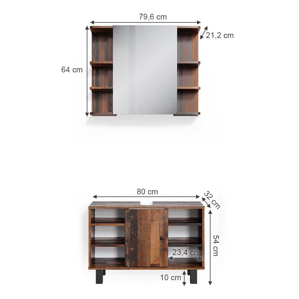 Vicco Badmöbel-Set Fynn, Antikholz, 2 Teile, Unterschrank 80 cm, (2-er Set, 2-St., 2er Set)