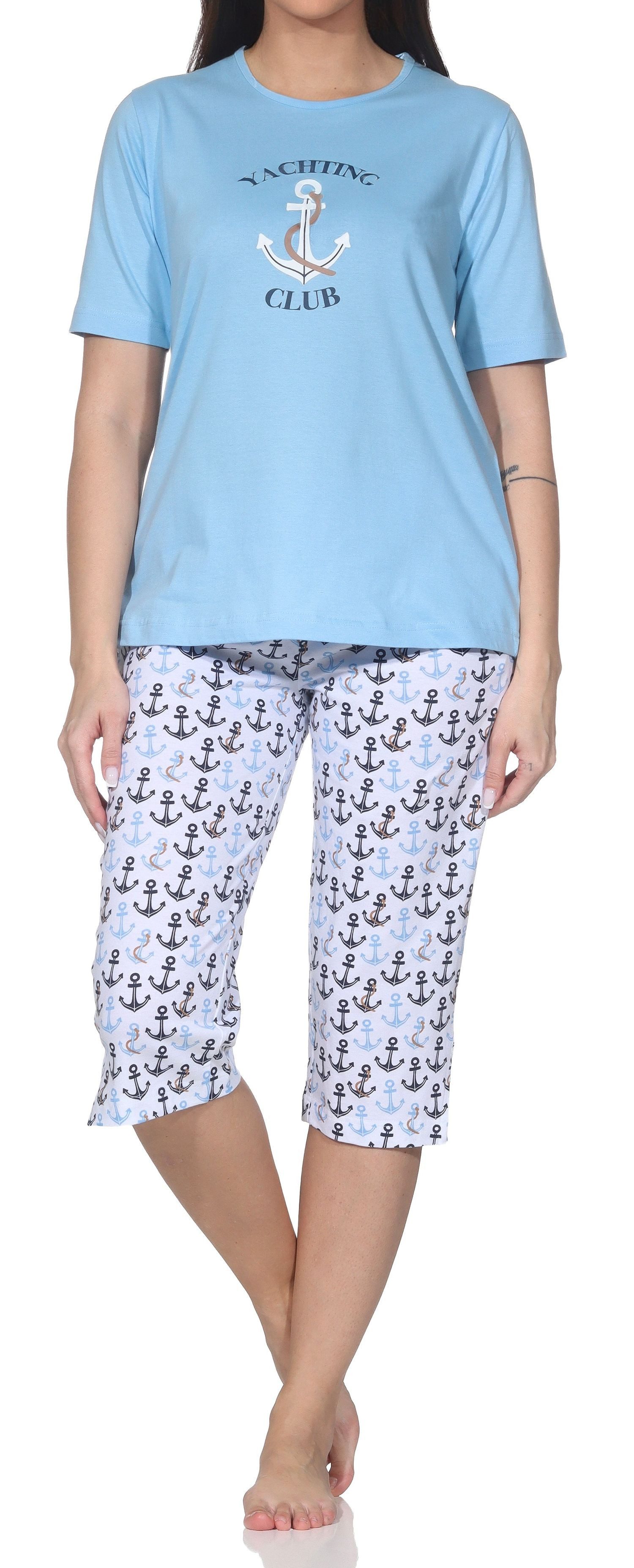 Normann Pyjama Damen kurzarm Capri Schlafanzug in maritimen Look – auch in Übergröße