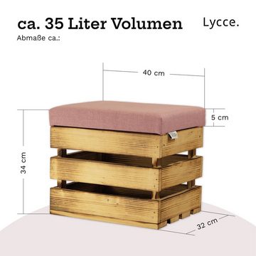 Lycce Polsterhocker Holzhocker, Holzkiste geflammtes Holz mit Deckel - 35 l, mit Stauraum und gepolstertem Sitzkissen