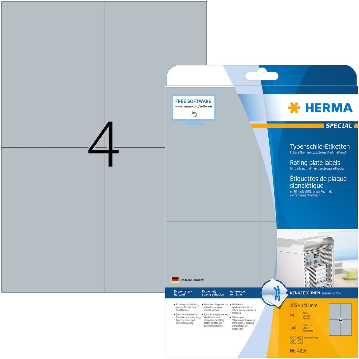 HERMA Etiketten Typenschildetiketten 105x148 mm silber extrem stark haftend Folie matt