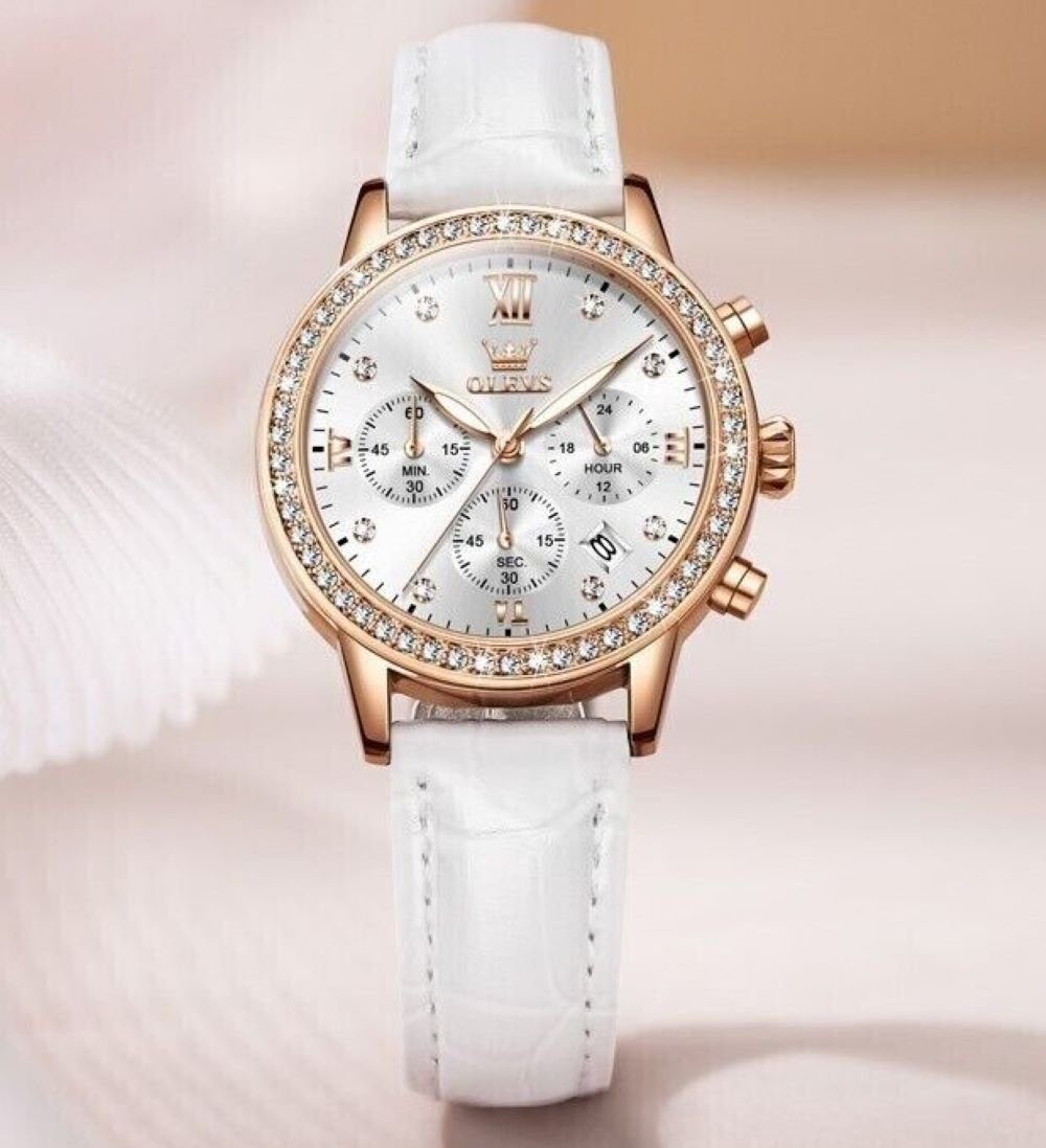 Damen elegante Uhrenbox Quarzuhr Uhr Luxus Tidy Lederarmband Chronograph,