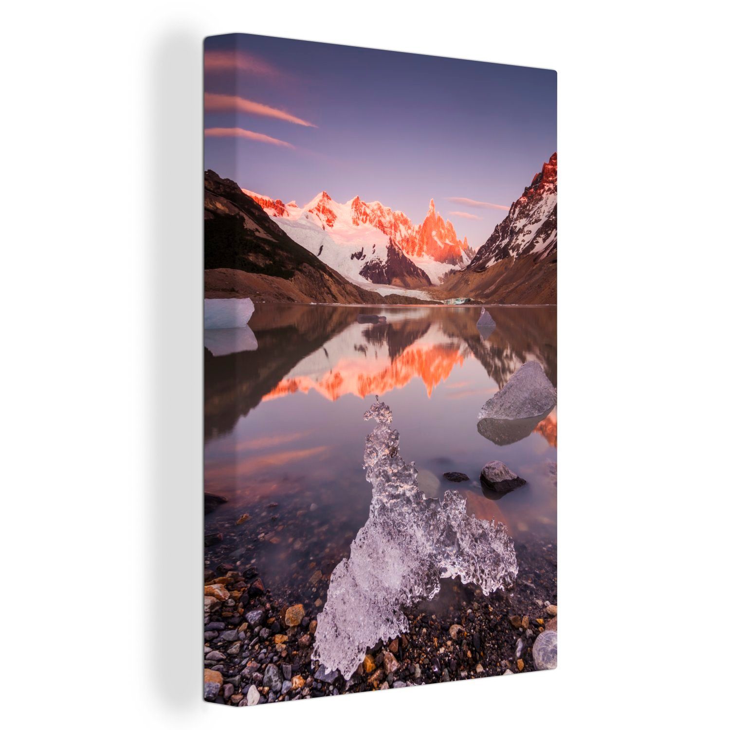 OneMillionCanvasses® Leinwandbild Sonnenaufgang mit St), auf inkl. bespannt Eisschollen dem Zackenaufhänger, Cerro Gemälde, 20x30 im, (1 Leinwandbild Berg fertig Chaltén cm