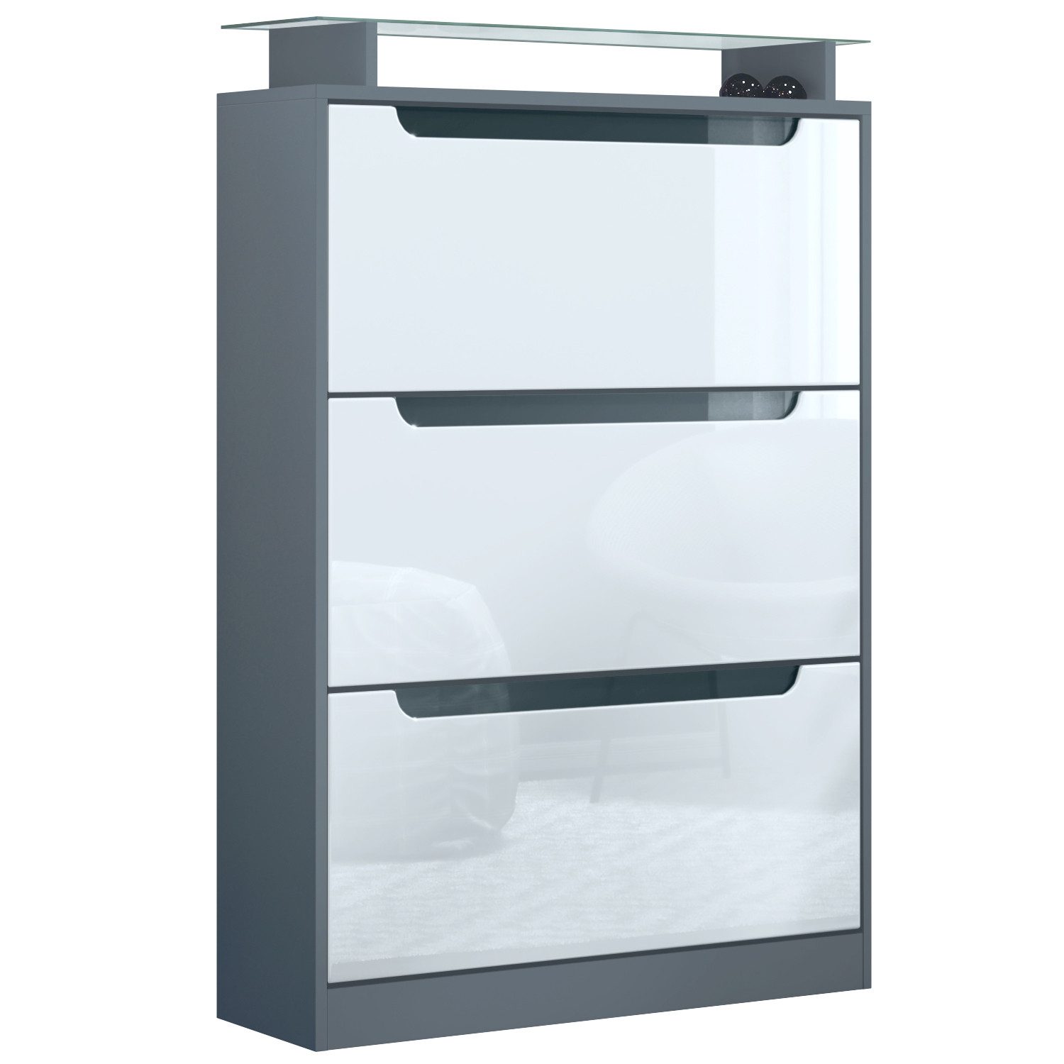 Vladon Schuhschrank Space (Schuhkipper, für 24 Paar Schuhe mit 3 Klappen und Glasablage) Anthrazit matt/Weiß Hochglanz (89 x 128 x 23 cm)