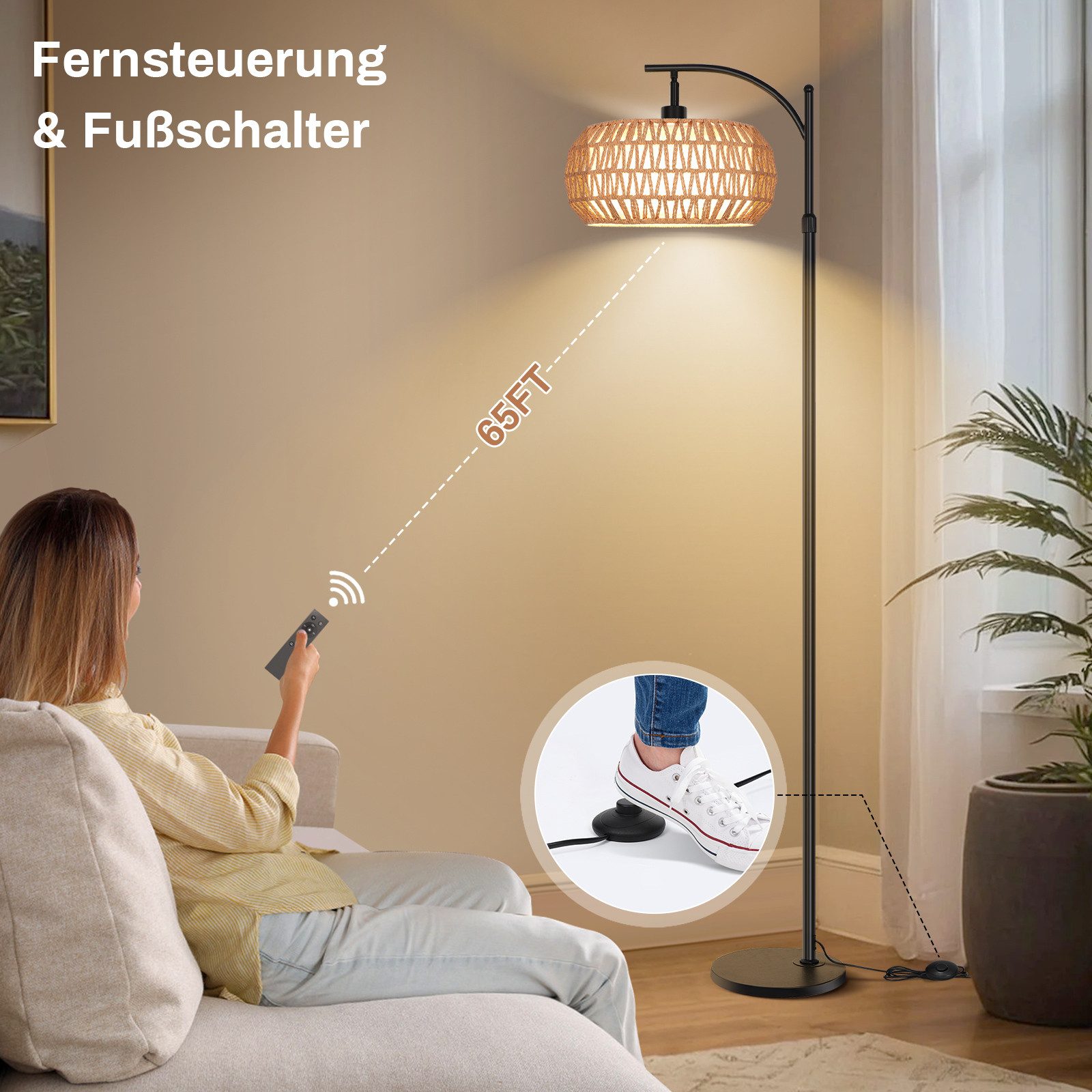 Sunicol LED Stehlampe Doppelter Lampenschirm Stehlampe mit Fernbedienung und Smart Glühbirne, Dimmbar Rattan Stehlampe, App-Steuerung, für Wohnzimmer Schlafzimmer
