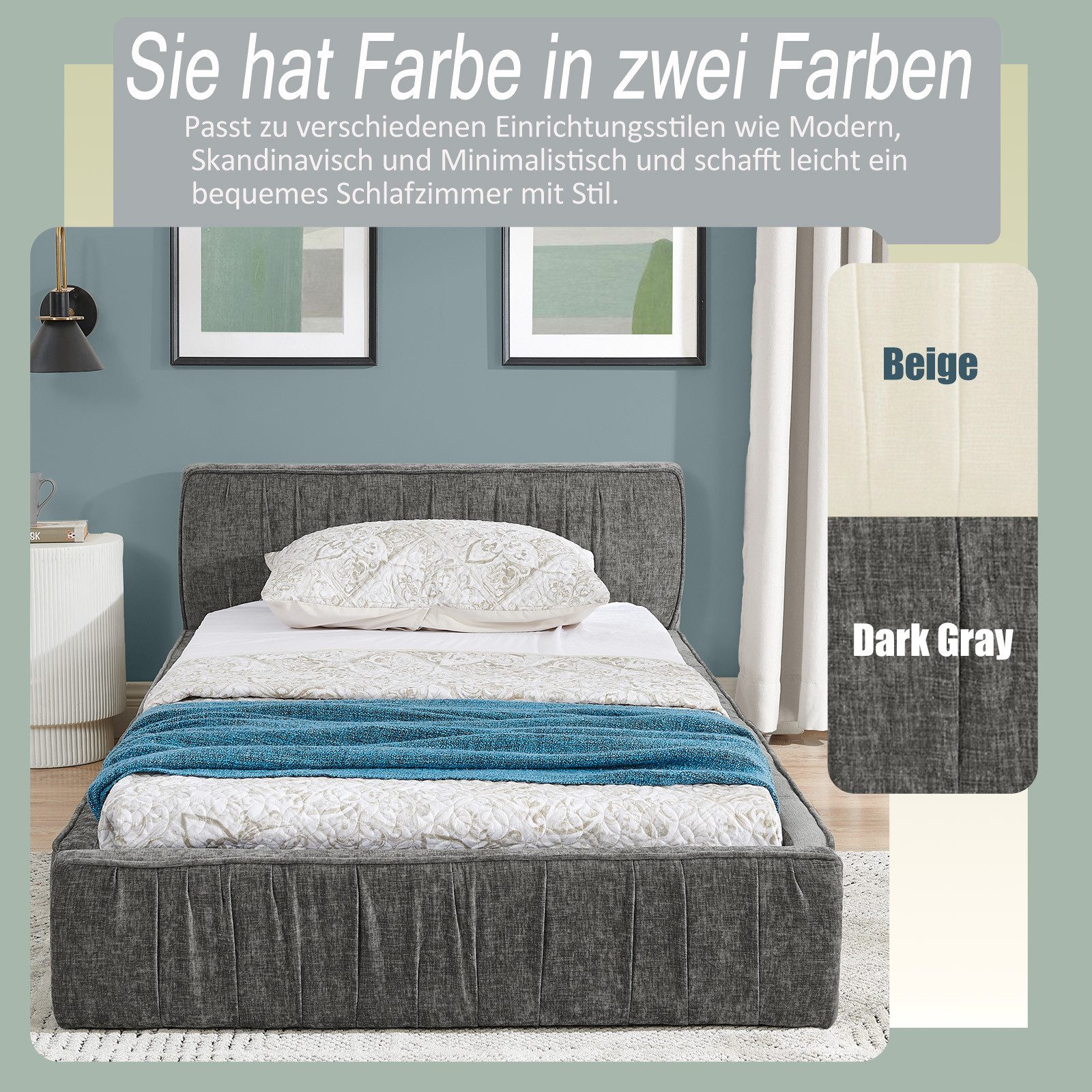 MODFU Polsterbett Polsterbett (Jugendbett mit Lattenrost, 1-tlg., 90*200cm, Chenille, ohne Matratze), Eukalyptusholz und Stabiler Eisenrahmen