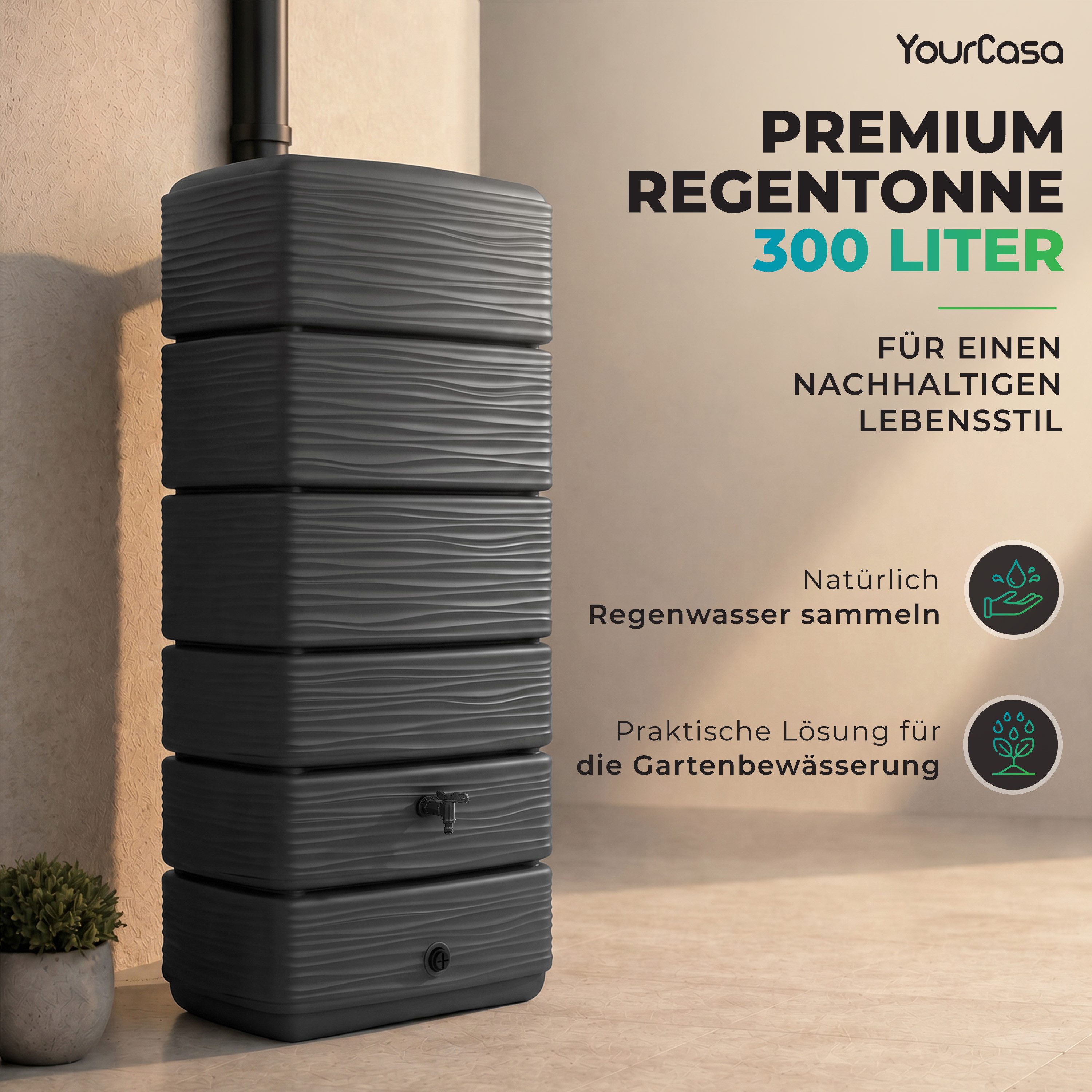 YourCasa Regentonne AquaWall 300 Liter Anthrazit schmal mit Regensammler Set, 300 l