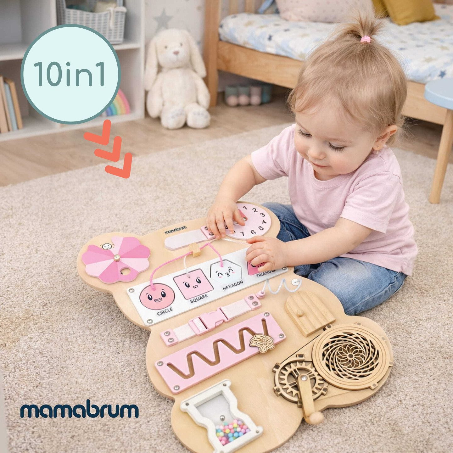 Mamabrum Motorikbrett Mamabrum Montessori Motorikbrett Teddy Rosa aus Holz