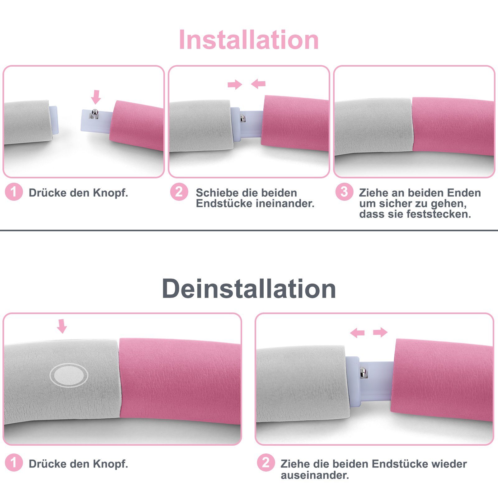 RAMROXX Hula-Hoop-Reifen Fitness Reifen 8 Teile gepolstert Durchmesser einstellbar Weiss Pink