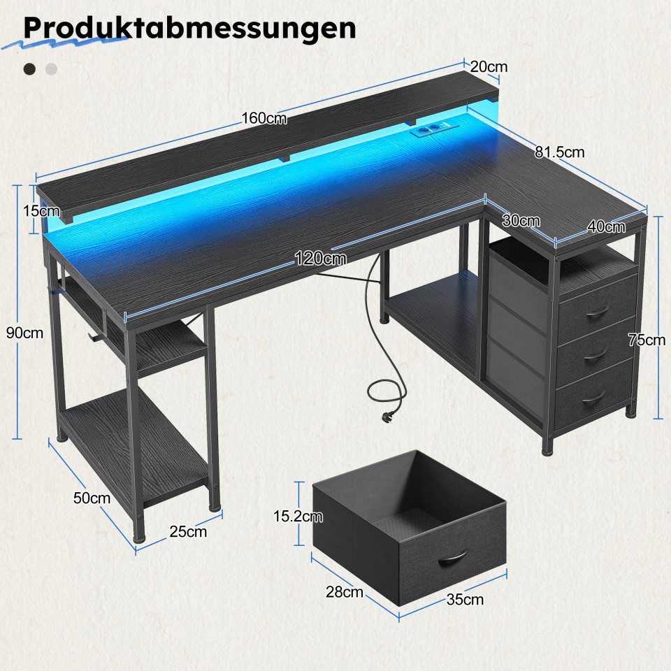 Klyvvo Schreibtisch mit 3 Schubladen, Gaming Schreibtisch L Form mit LED (1-St), mit Stauraum für Homeoffice und Gaming, Schwarz