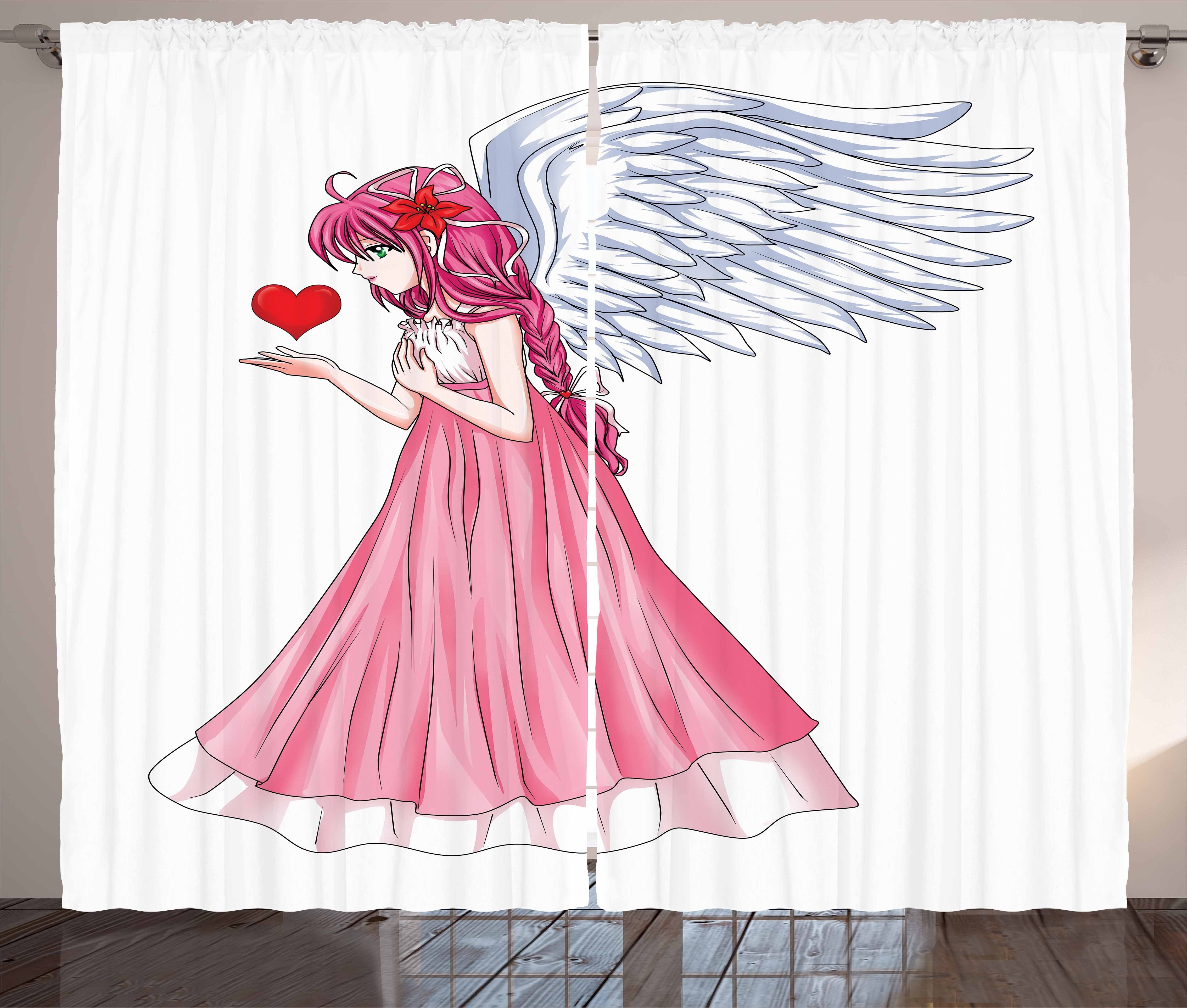 Gardine Schlafzimmer Kräuselband Vorhang mit Schlaufen und Haken, Abakuhaus, Anime Engel, der ein rotes Herz