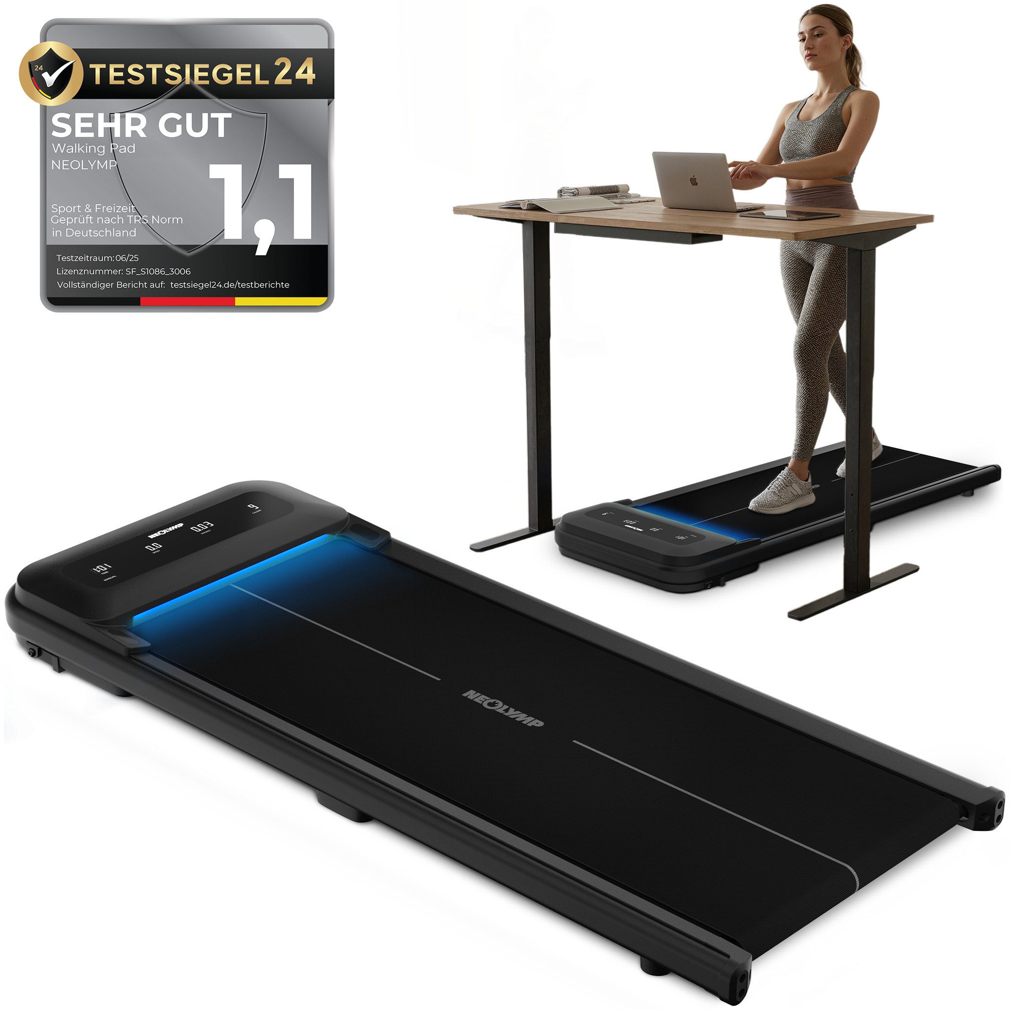 NEOLYMP Laufband Premium Walking Pad 150kg belastbar mit bürstenloser 1,5 PS Motor (Mit Laufbandpglegeöl (25ml), Netzkabel, Fernbedienung), Treadmill mit leisen 45 dB, 9% Steigung, LED & App-Kompatibilität