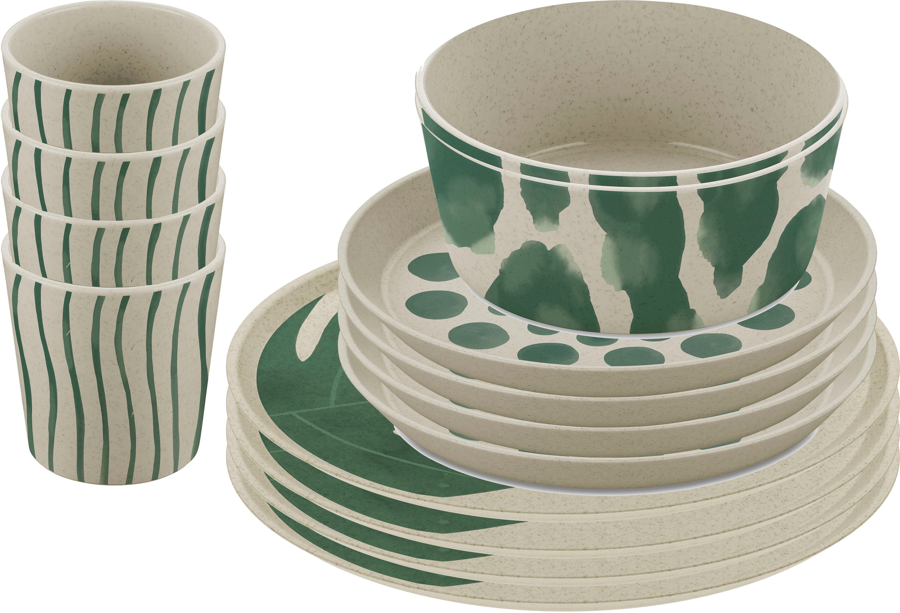 KOZIOL Kombiservice Geschirr-Set, Service CONNECT SET MONSTERA (16-tlg), 4 Personen, Kunststoff, Made in Germany, 16 Teile, für 4 Personen