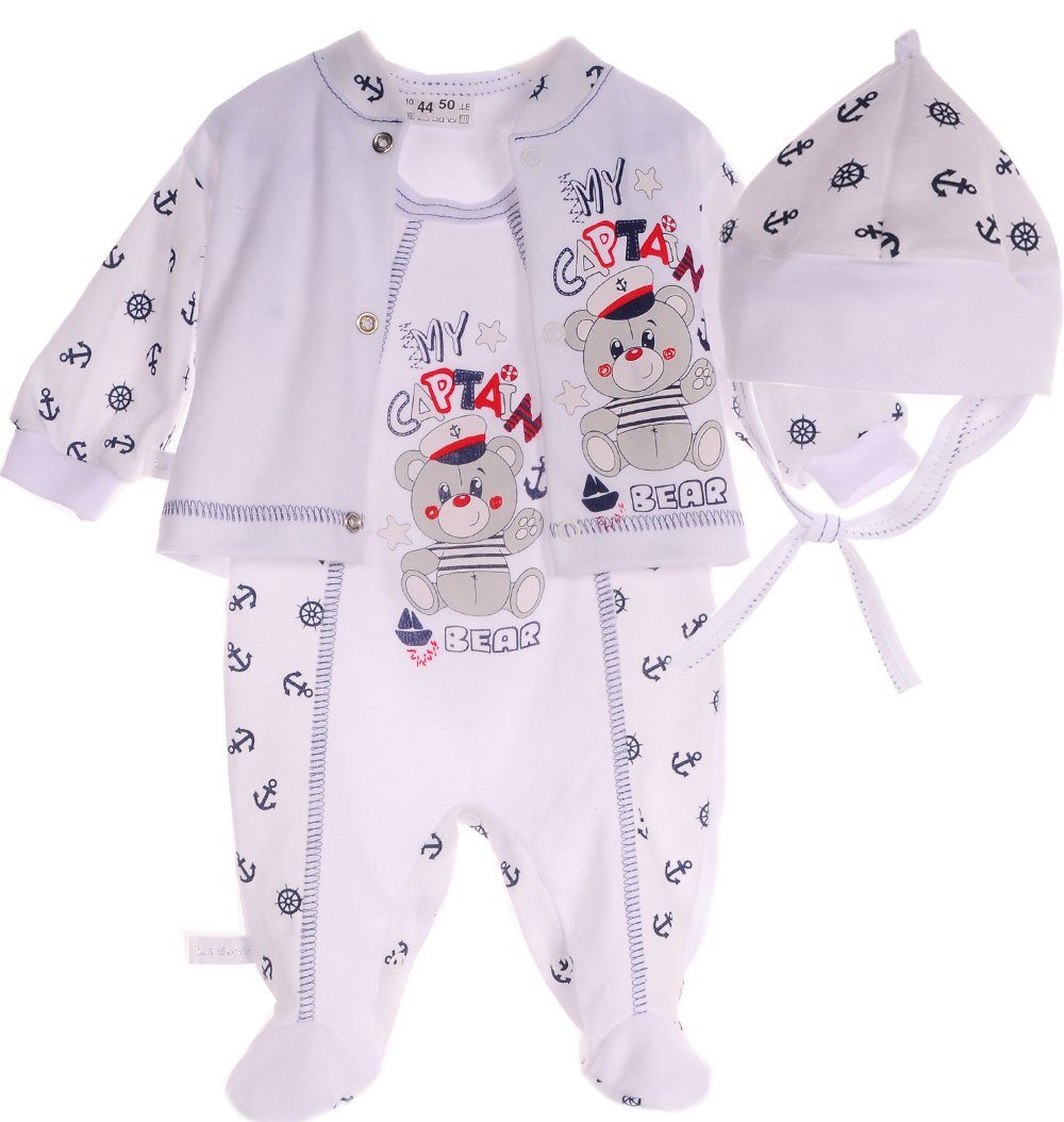 La Bortini Strampler, Jäckchen & Mütze Baby Anzug Stramplerhose Hemdchen Haube in weiß mit Ankermuster aus reiner Baumwolle, 44 50 56 62 68 74 80 86