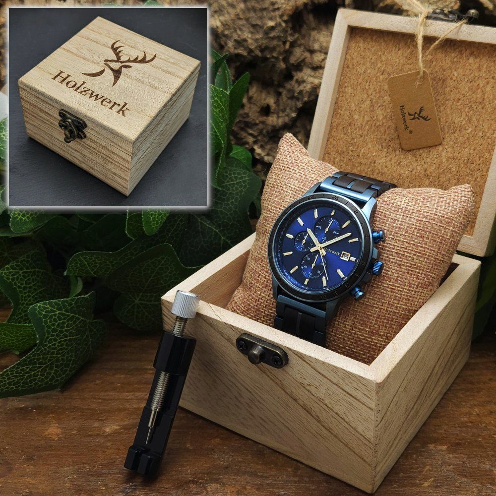 Herren Armband BLAUSTEIN Holzwerk Holz Uhr, gold schwarz, blau, Chronograph