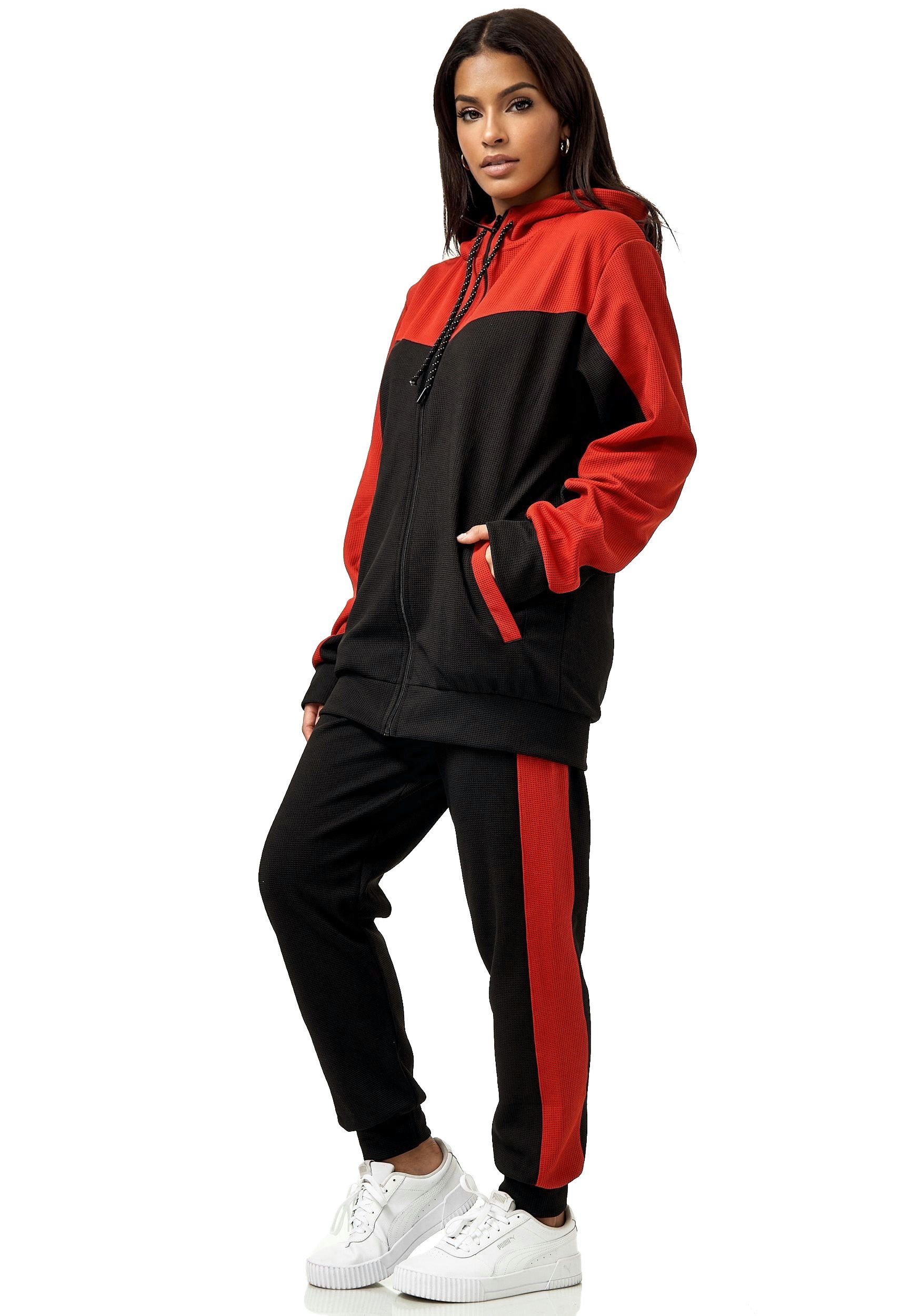 L.gonline Freizeitanzug Damen Trainingsanzug, Jogginganzug mit Kapuzenjacke, 0986 (Kapuzenjacke mit Reißverschluss, Hose, 2-tlg), Fitness Freizeit Casual