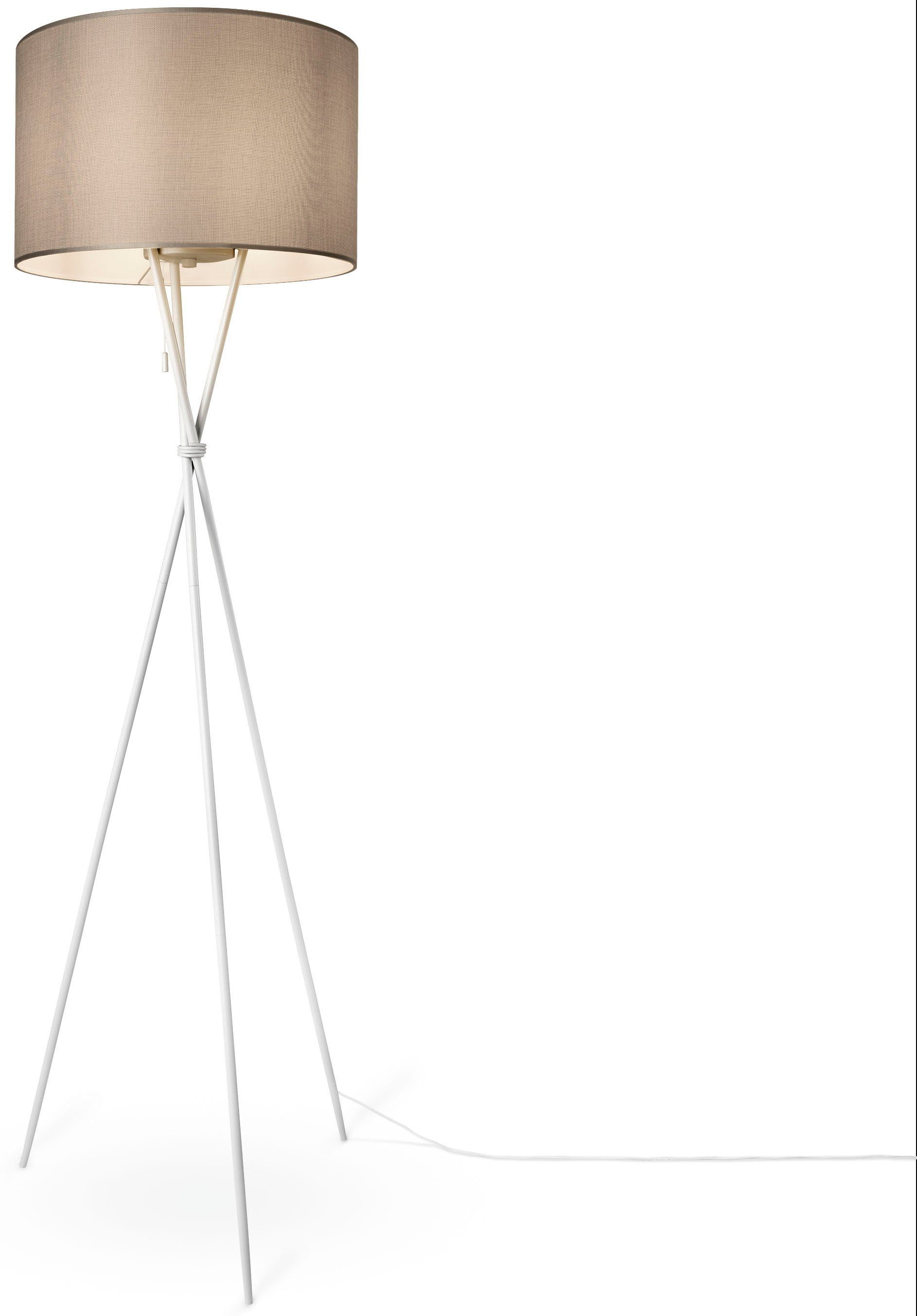 Standleuchte Textil Home Stoffschirmlampe COLOR, grau Paco CANVAS Dreibein Stehlampe E27 Leuchtmittel, Wohnzimmer ohne UNI KATE weiß Schirm