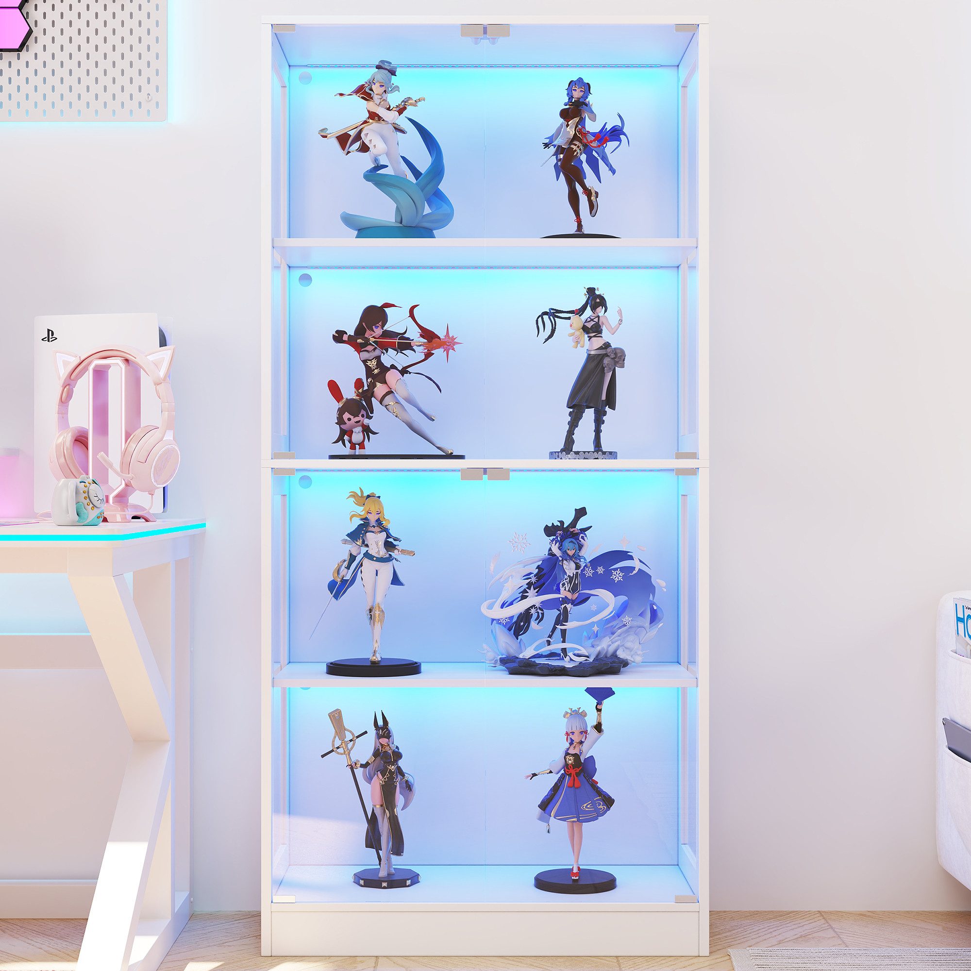 Flieks Glasvitrine Eckvitrine mit LED-Beleuchtung und 4 Glastüren (80x35x170 cm, 1-St) Standvitrine Eckschrank Hochschrank Sammlervitrine mit 4 Fächern Weiß