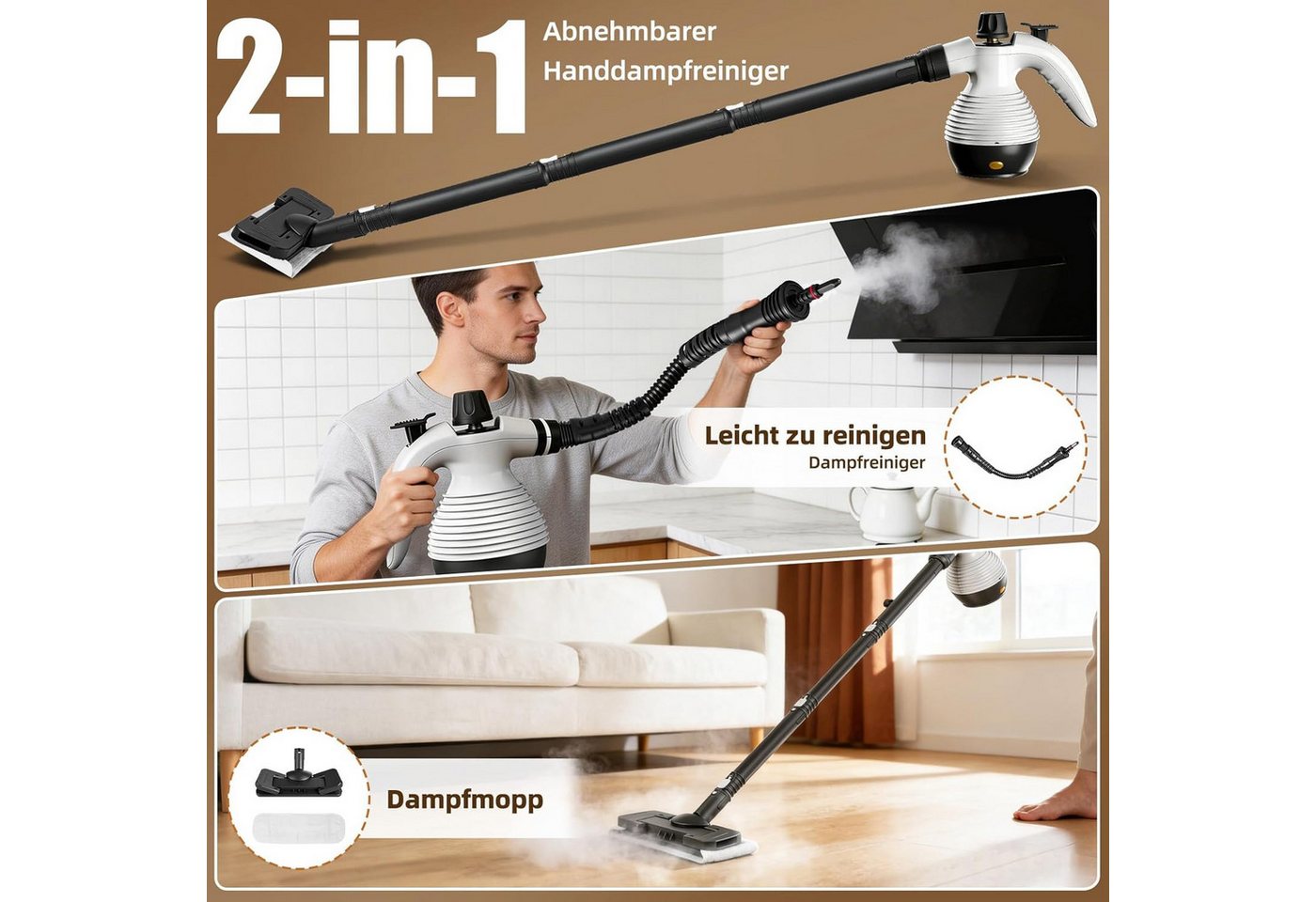 TWUFY Handdampfreiniger Handdampfreiniger Dampfreiniger Handgerät 10-teiliges Zubehörset, 1050 W, 135°C Heißer Dampf, 350ml Wassertank, für Böden Teppiche Polster Badezimmer Autoinnenraumreinigung