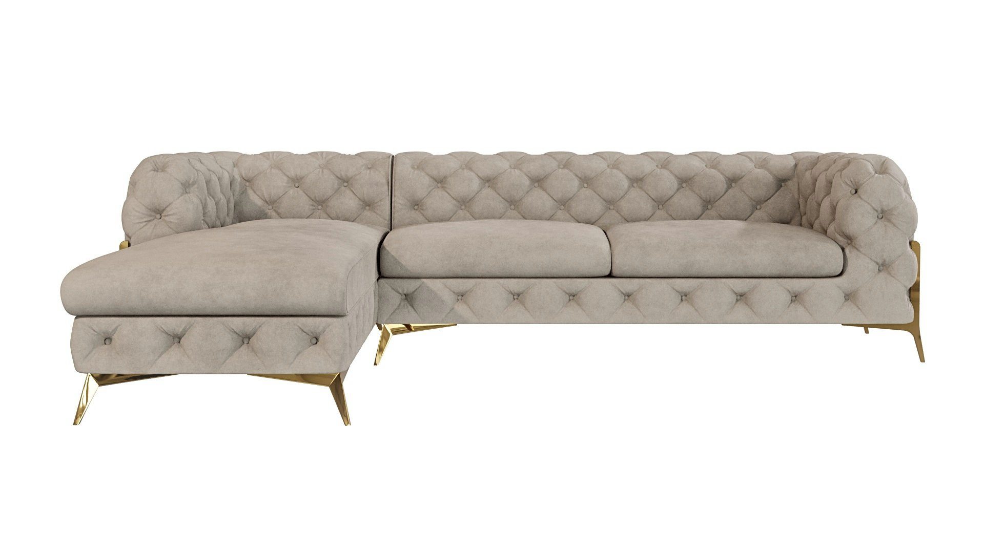 S-Style Möbel Ecksofa Ashley mit Ottomane, Chesterfield mit Goldenen Metall Füßen, Ottomane links oder rechts bestellbar, mit Wellenfederung