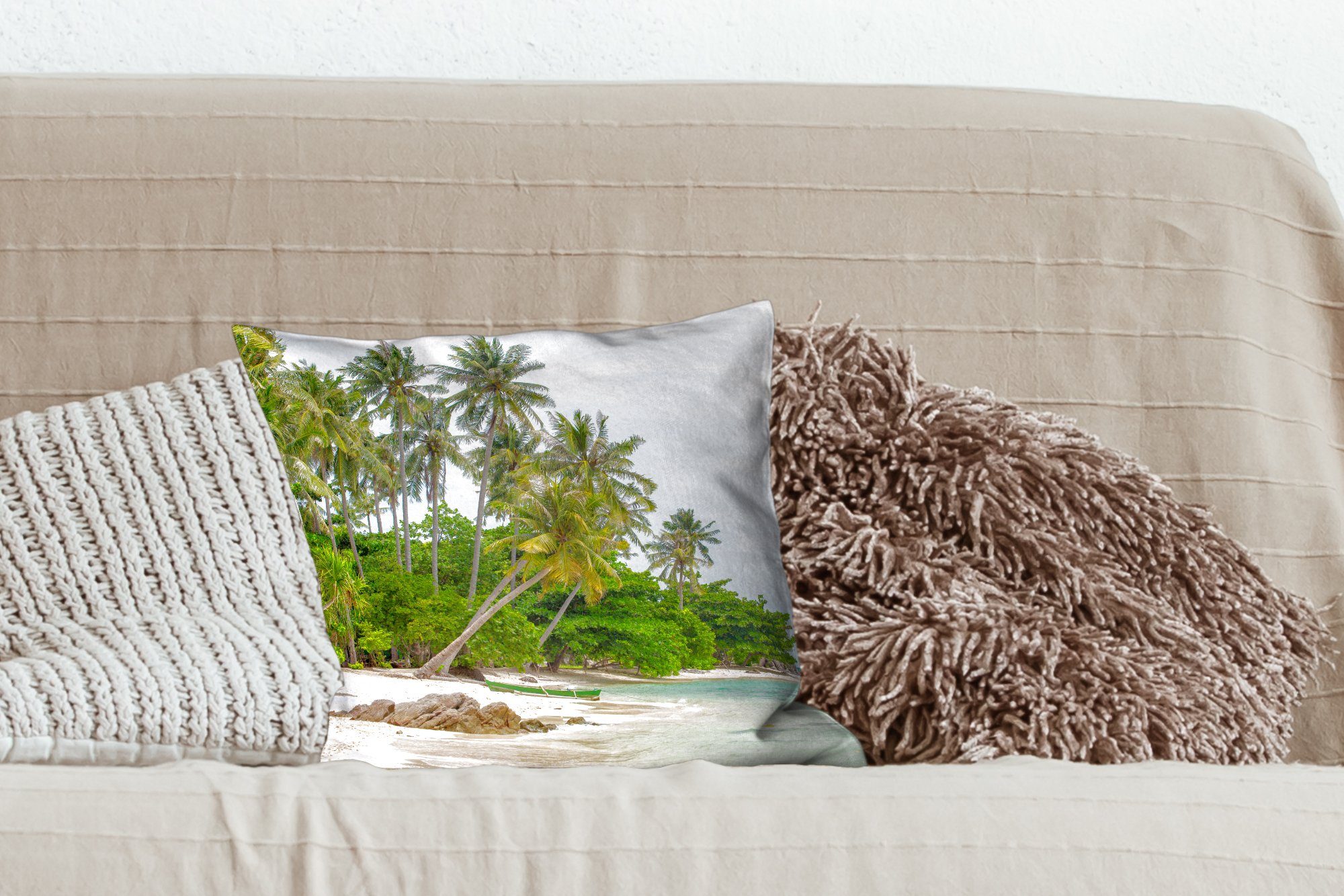Zierkissen Dekokissen Strand MuchoWow Deko, Wohzimmer, - Tropisch, Sofakissen Füllung - - mit Schlafzimmer, Sommer Palmen für