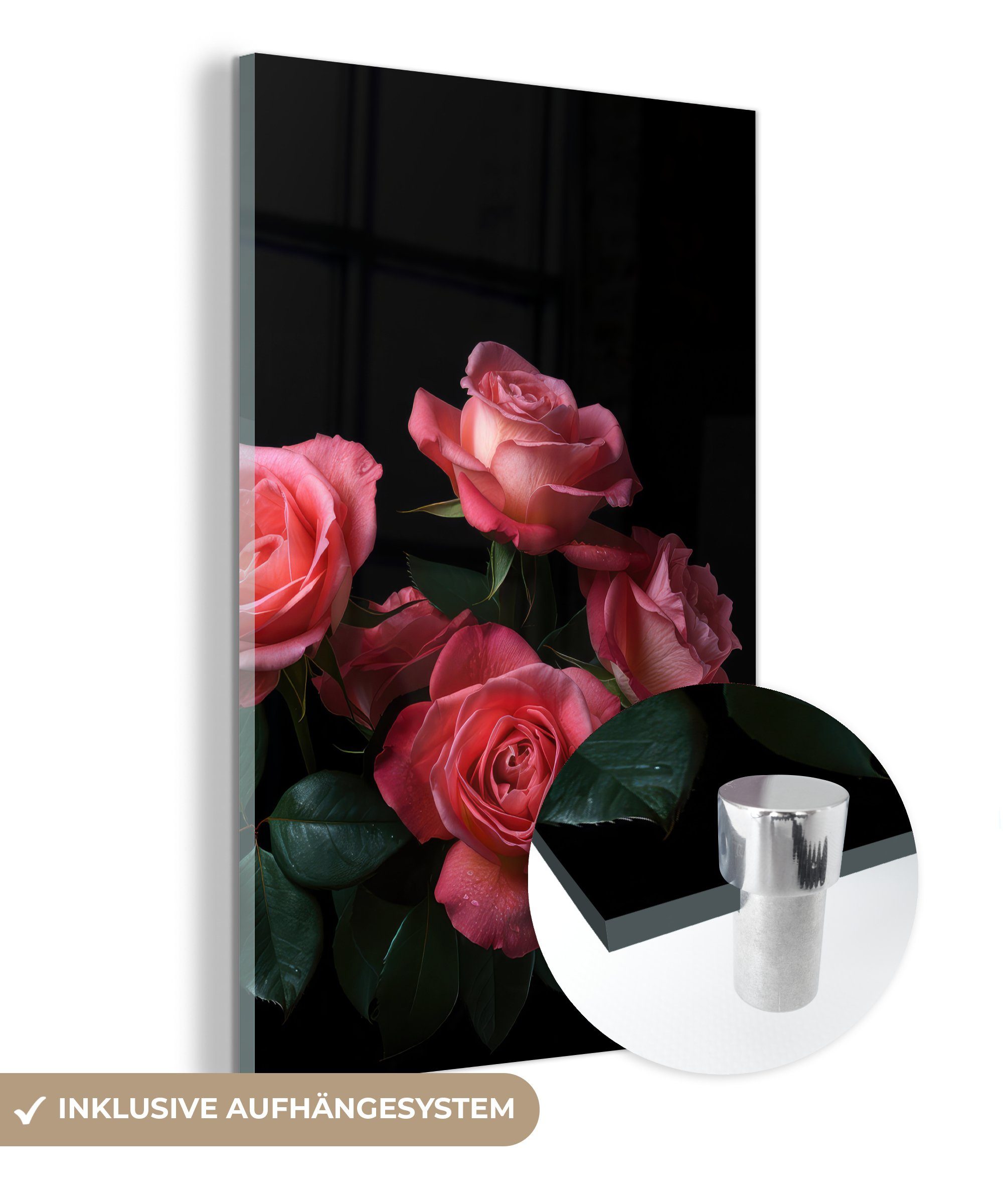 MuchoWow Acrylglasbild Rosen - Rosa - Blumen - Natur - Schwarz, (1 St), Glasbilder - Bilder auf Glas Wandbild - Foto auf Glas - Wanddekoration