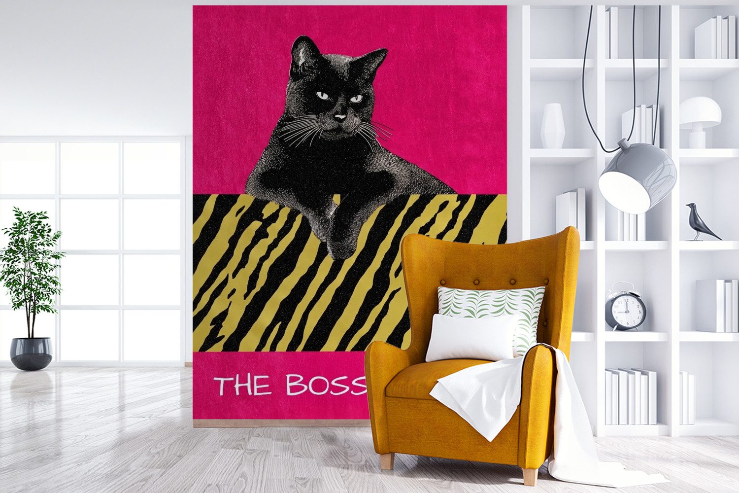 MuchoWow Fototapete Katze - Boss - Rosa - Tigerdruck, Matt, bedruckt, Wallpaper für Wohnzimmer, Schlafzimmer, Vinyl Tapete, 195x260 cm