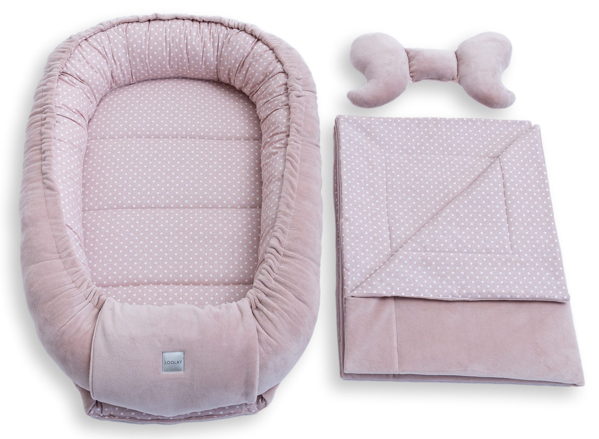 Loolay Kuschelnest BABYNEST + DECKE + Kissen Babyausstattung Baumwolle & Samt Velours, (MUSTER: ROSA Samt Velour/ Mini PUNKTE Rosa, 3-tlg., Liebevoll handgefert – Bild 3 von 5
