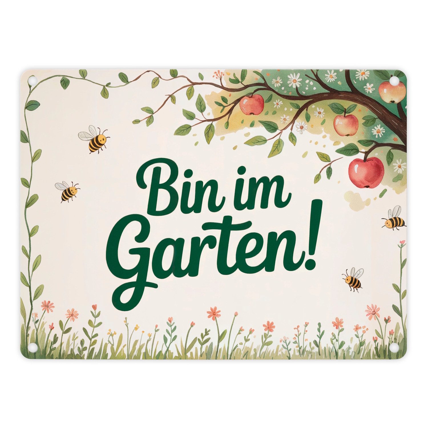 speecheese Metallschild Bin im Garten! Metallschild in 15x20 cm Apfelbaum mit Bienen