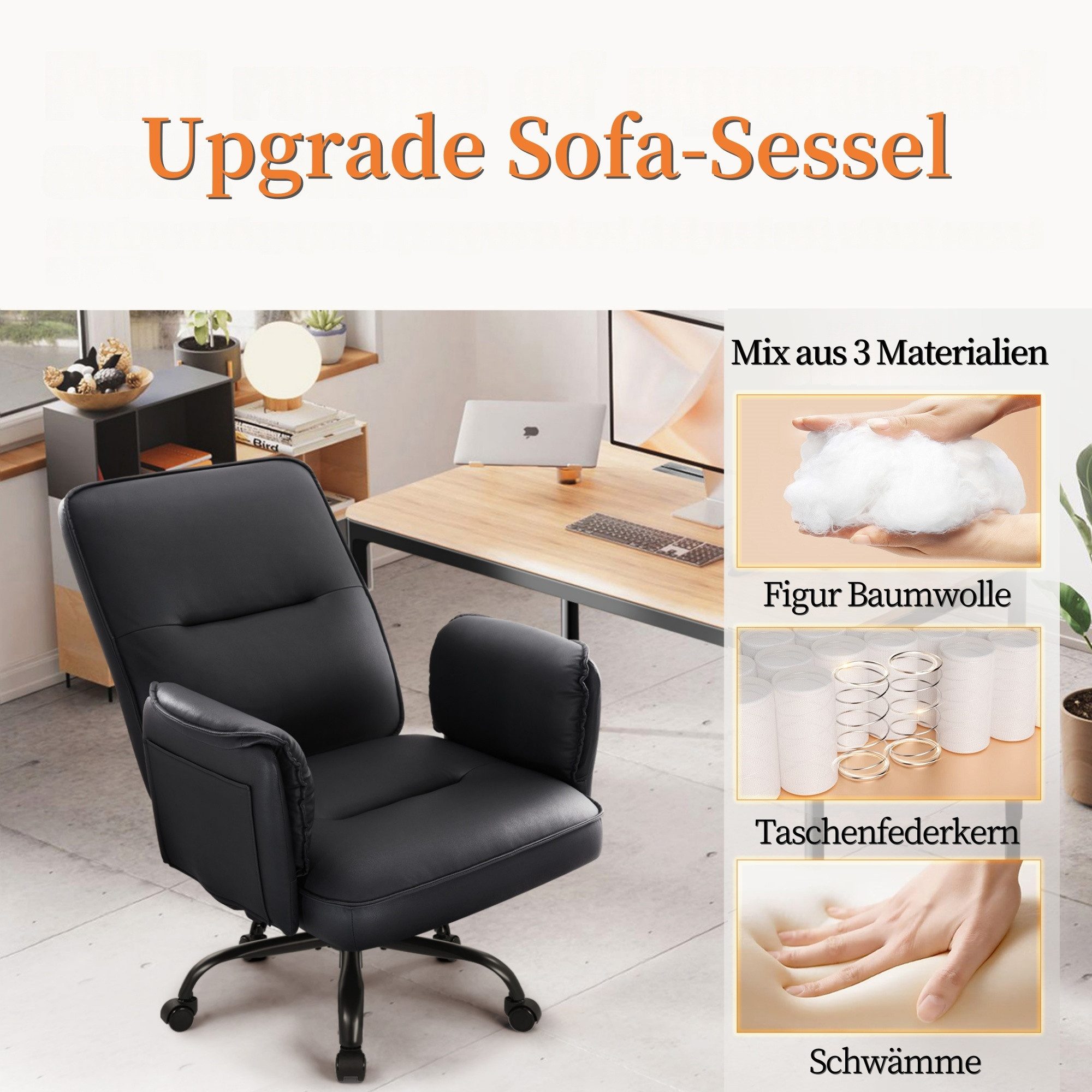 IWMH Chefsessel Ergonimischer Bürostuhl mit Armlehnen (Höhenverstellbarer Einzelsofa mit Rollen), Schreibtischstuhl für Büro Wohnzimmer Schlafzimmer Gaming – Bild 3 von 5