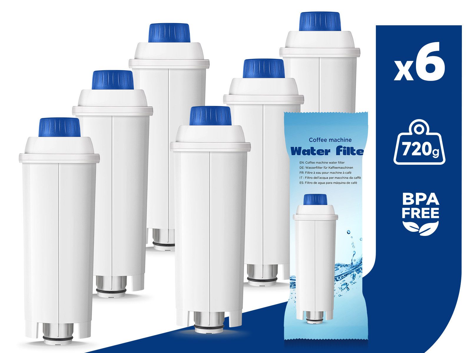 Filswa Wasserfilter für De'Longhi DLSC002 Kaffeemaschine 6 Stück Filterkartusche, Zubehör für De'Longhi Kaffeemaschinen der ECAM, ETAM, EPAM, ESAM, BCO, EC-Serie