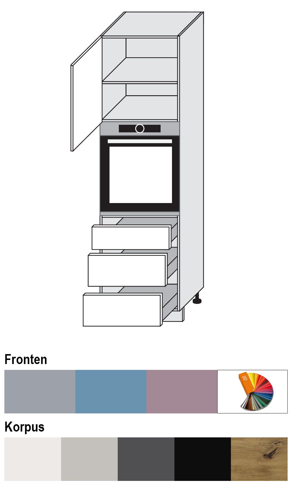 Feldmann-Wohnen Backofenumbauschrank Bari (D14/RU/3R, 1 Gerätefach, 3 Schubladen, REJS Comfortbox Teilauszug, 1-St., moderne Kassettenoptik, lackierte Fronten, 60x59x207cm) Eiche Artisan / RAL 5024 pastellblau matt