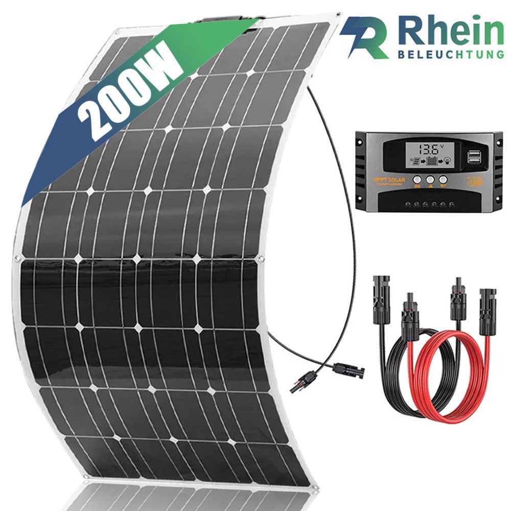 Rhein Beleuchtung Solarmodul 200W Flexibles Monokristallines Solarpanel-Set 12V für Wohnmobil/Haus, 200 W, Monokristallin, (Leicht, ultradünn & wetterfest – ideal für Wohnwagen, Boote, Dächer), Inklusive 40A LCD-Laderegler mit Dual-USB & Schutzfunktionen